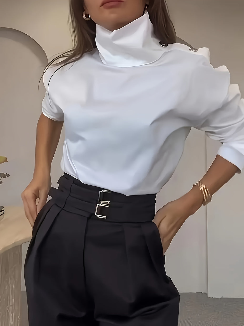 Bruna Aeppli by WL Boutique | Elegant Off-Shoulder High-Neck Blouse with Button Cuffs