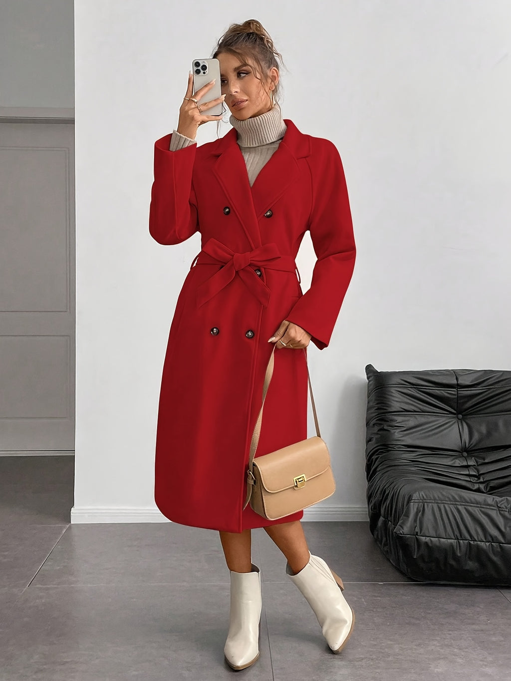 WL Boutique | Elegant Double-Breasted Long Coat with Belt