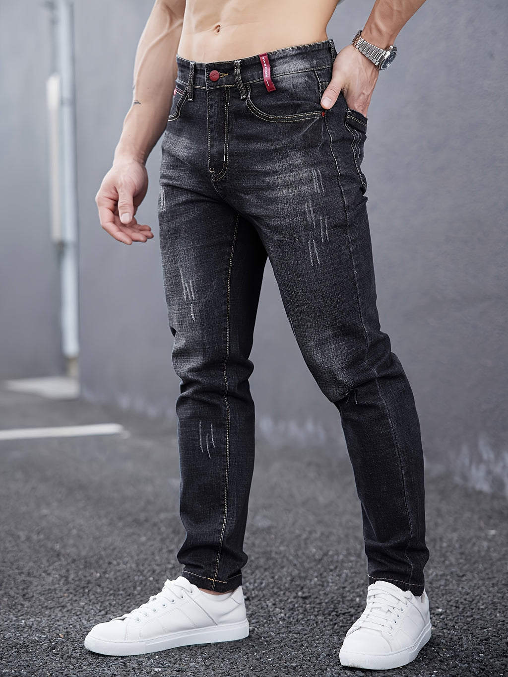 WL Boutique Men | Slim-Fit Light Wash Faux Denim with Embroidered Detail