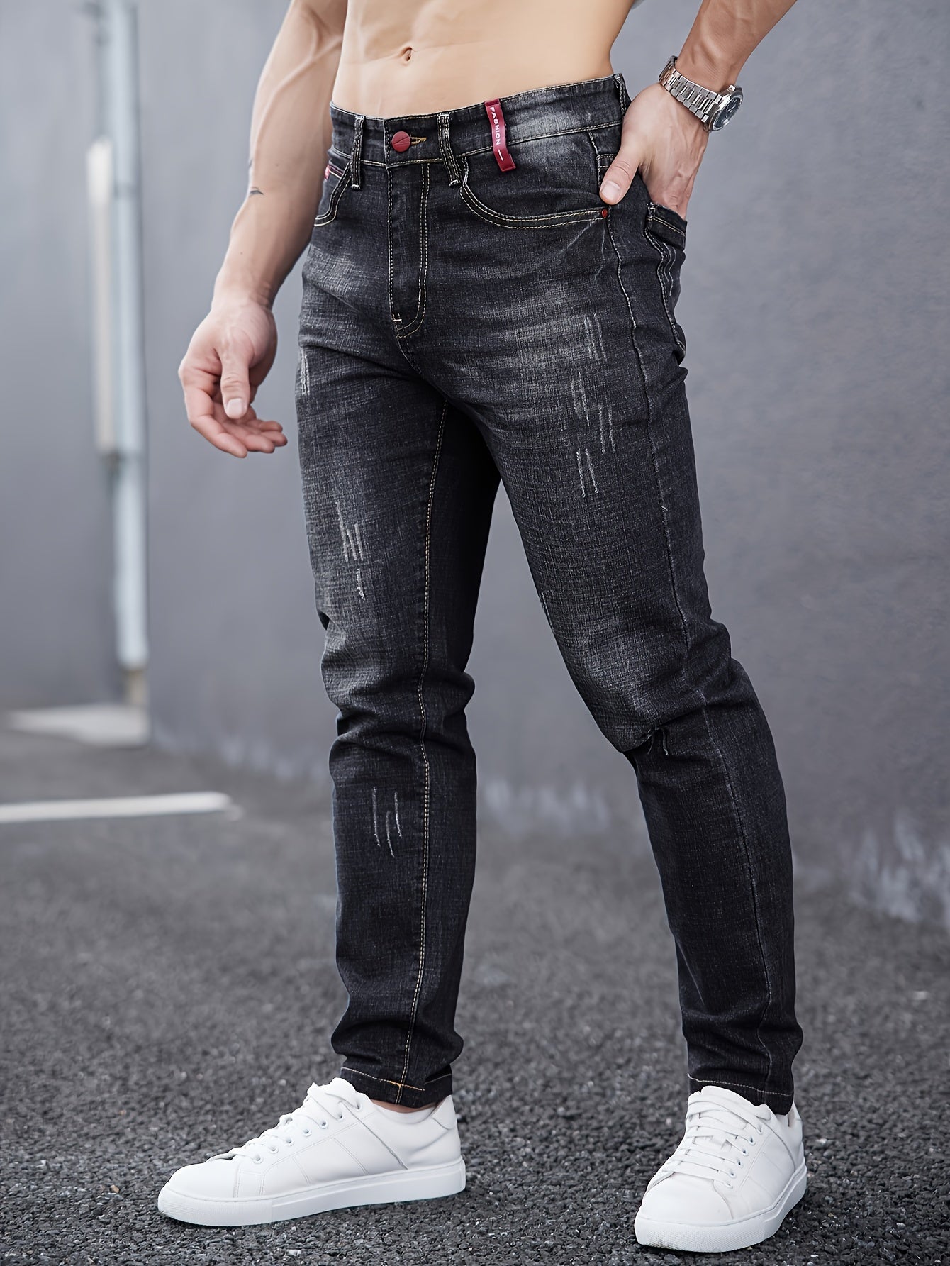 WL Boutique Men | Slim-Fit Light Wash Faux Denim with Embroidered Detail