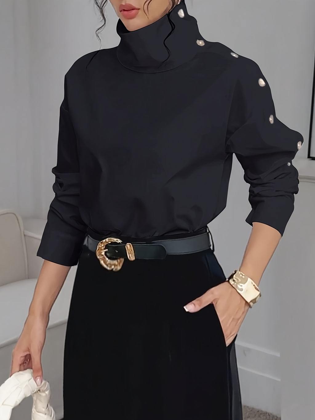 Bruna Aeppli by WL Boutique | Elegant Off-Shoulder High-Neck Blouse with Button Cuffs