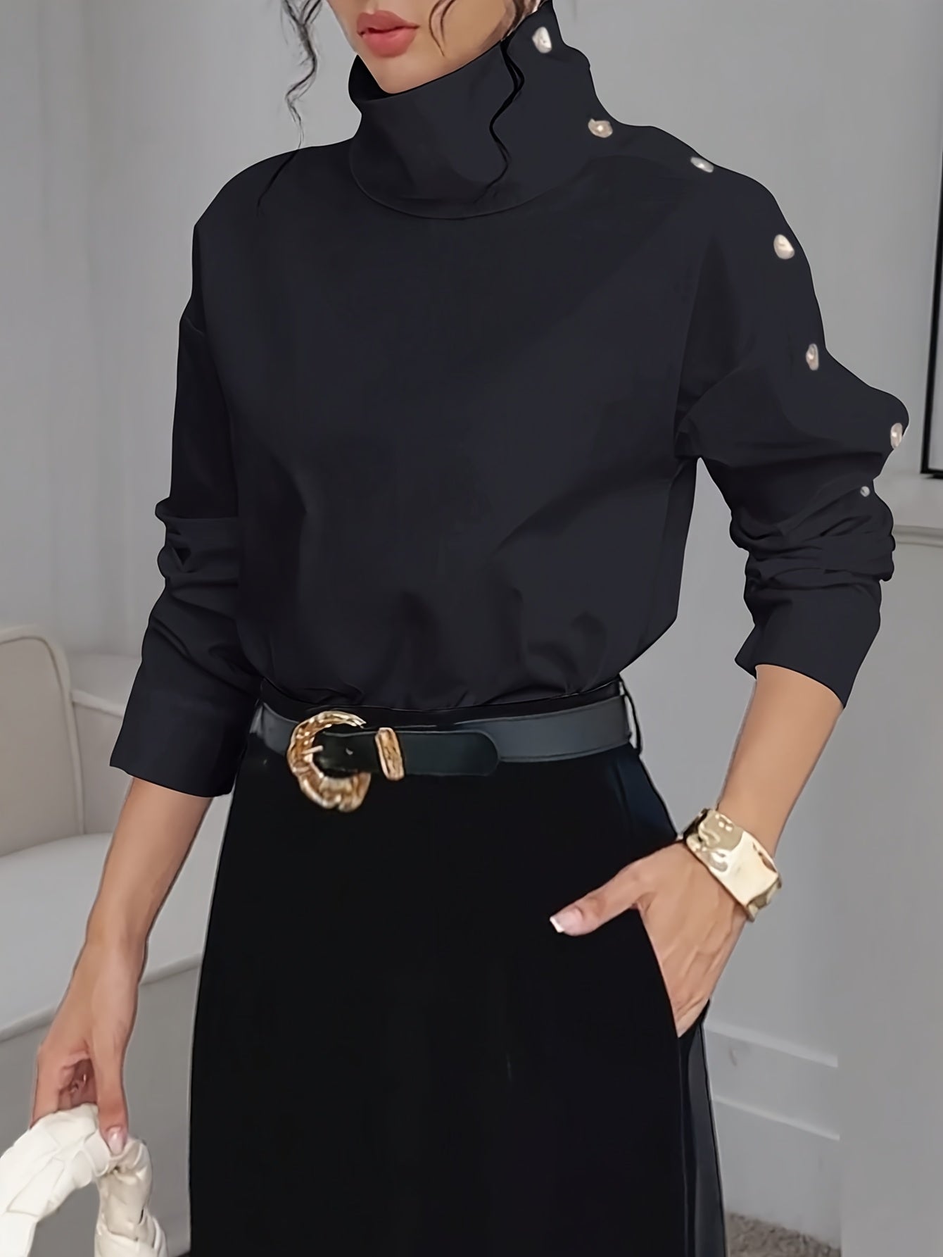 Bruna Aeppli by WL Boutique | Elegant Off-Shoulder High-Neck Blouse with Button Cuffs