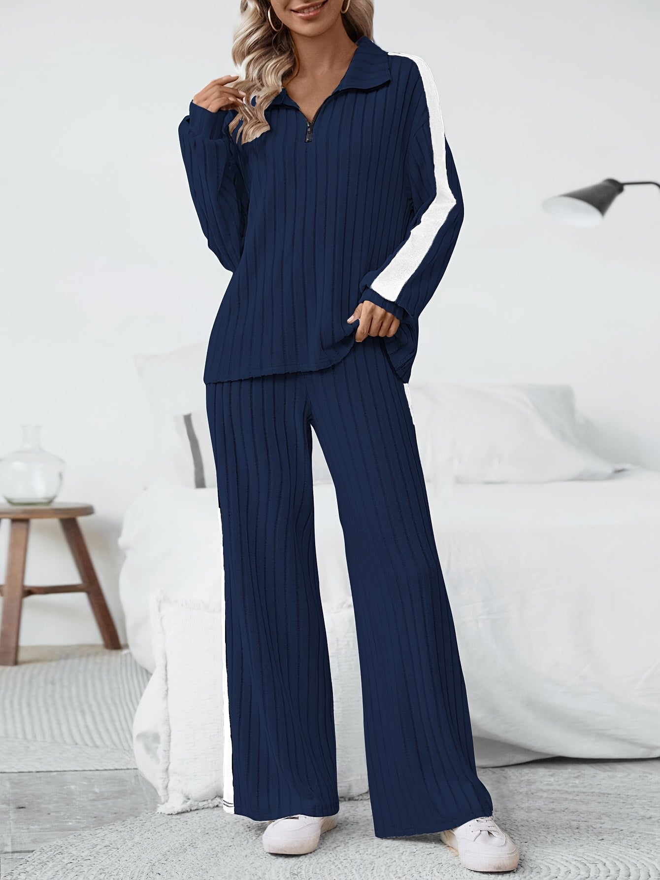 WL Boutique | Striped Collar Top &amp; Color-Block Wide-Leg Pants Set