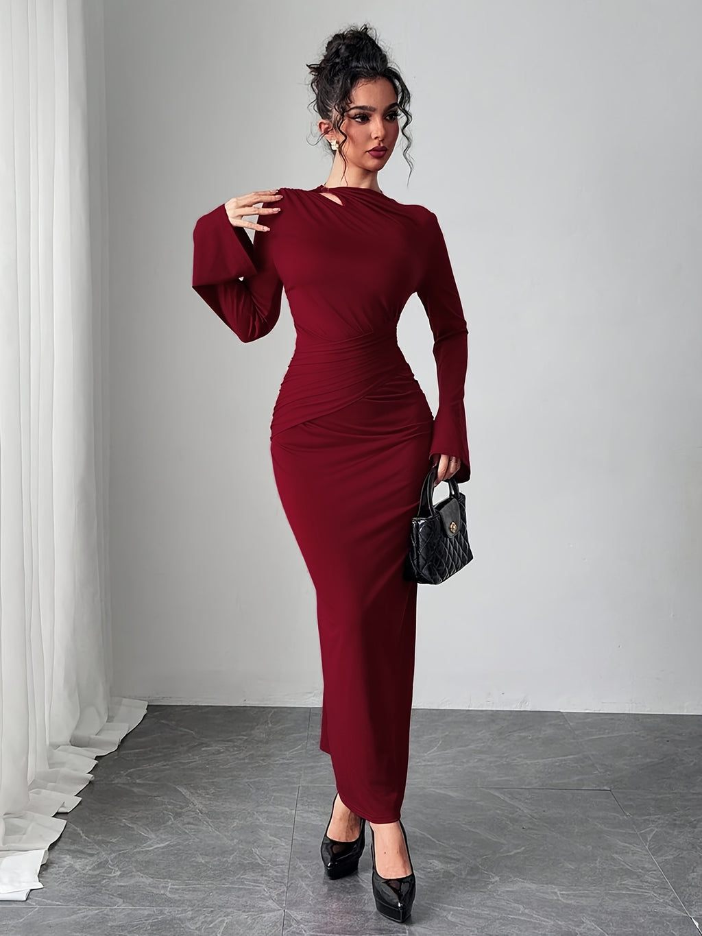 WL Boutique | Elegant Bodycon Dress with Bell Sleeves &amp; Asymmetrical Neckline