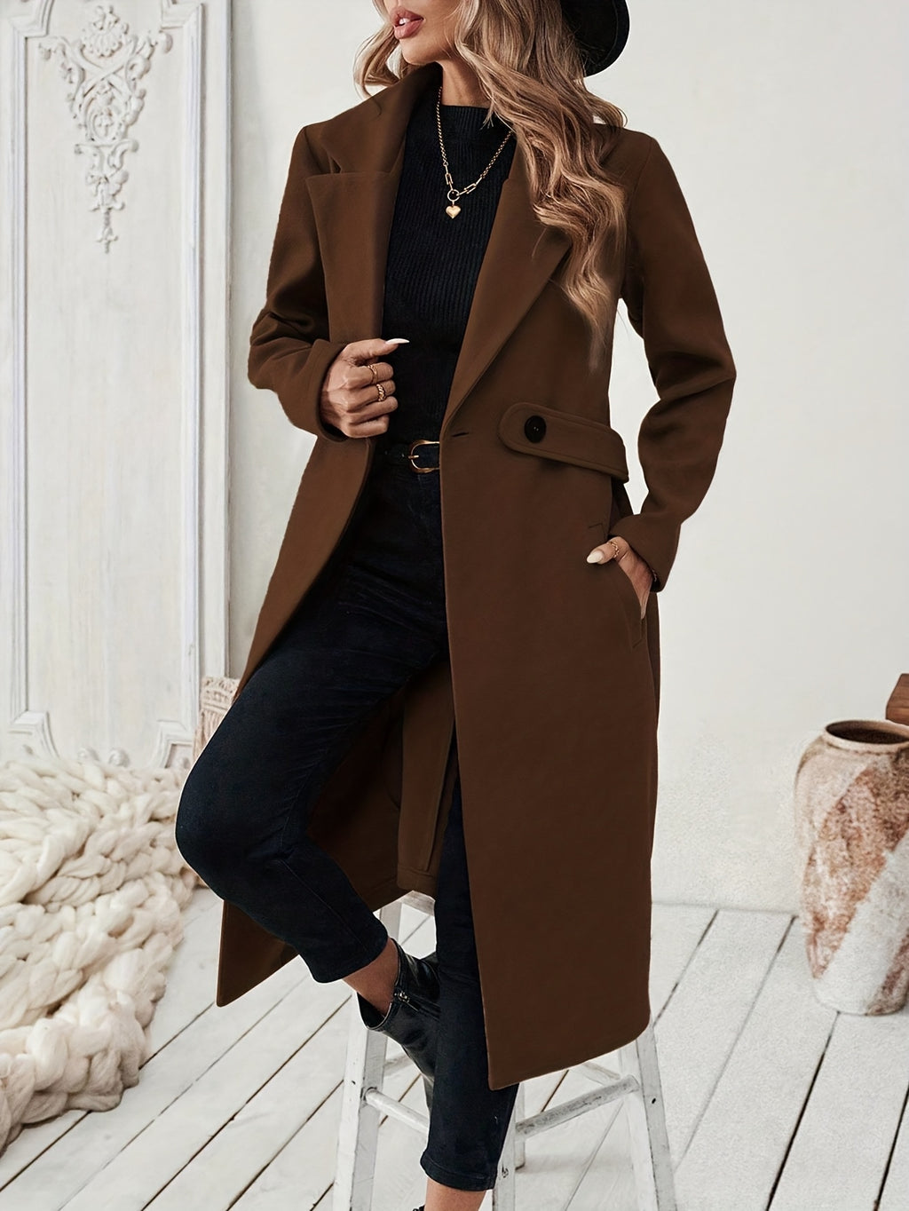 WL Boutique | Elegant Long Black Tweed Coat with Belt