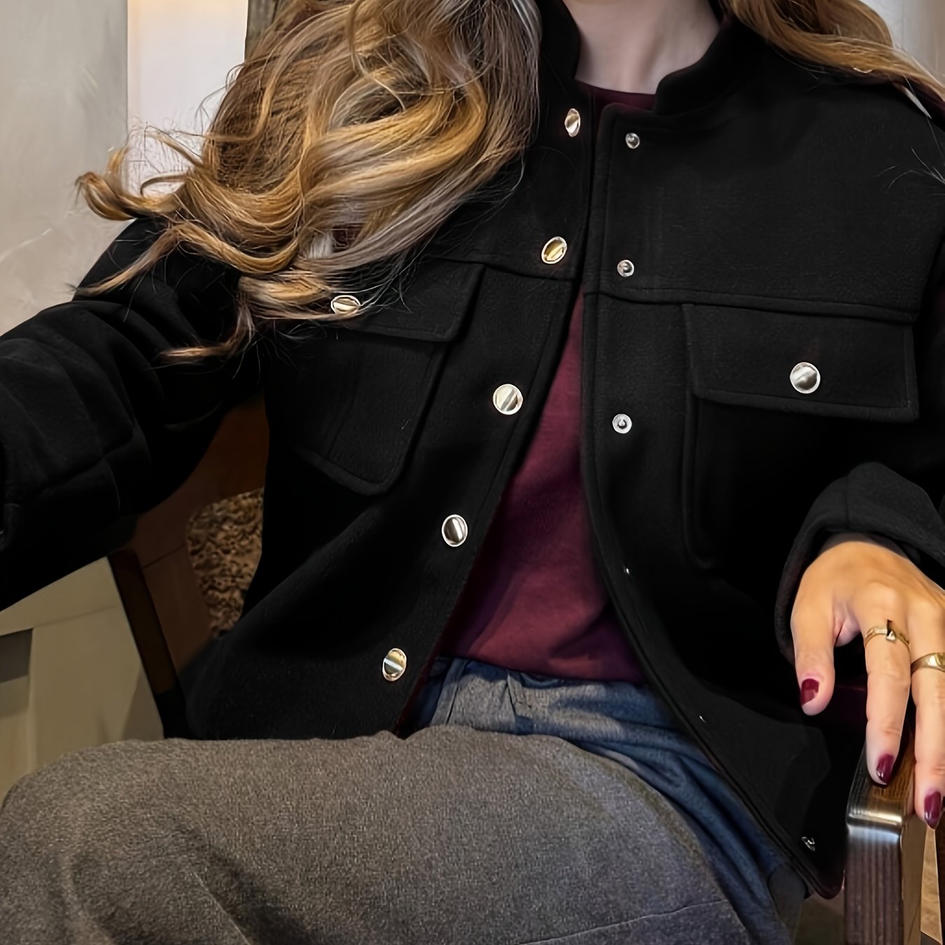 WL Boutique | Elegant Burgundy Tailored Jacket with Two-Tone Buttons