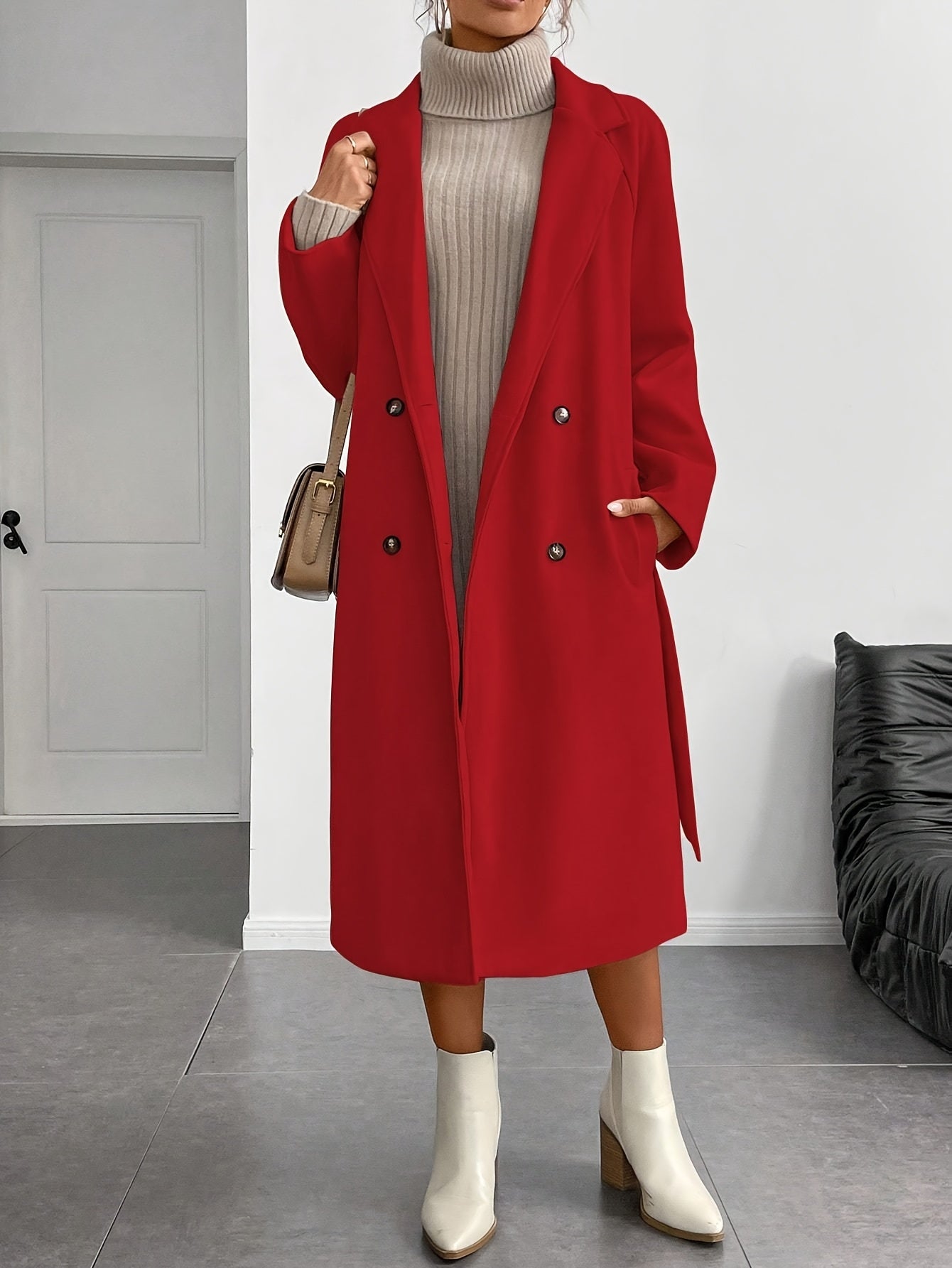 WL Boutique | Elegant Double-Breasted Long Coat with Belt