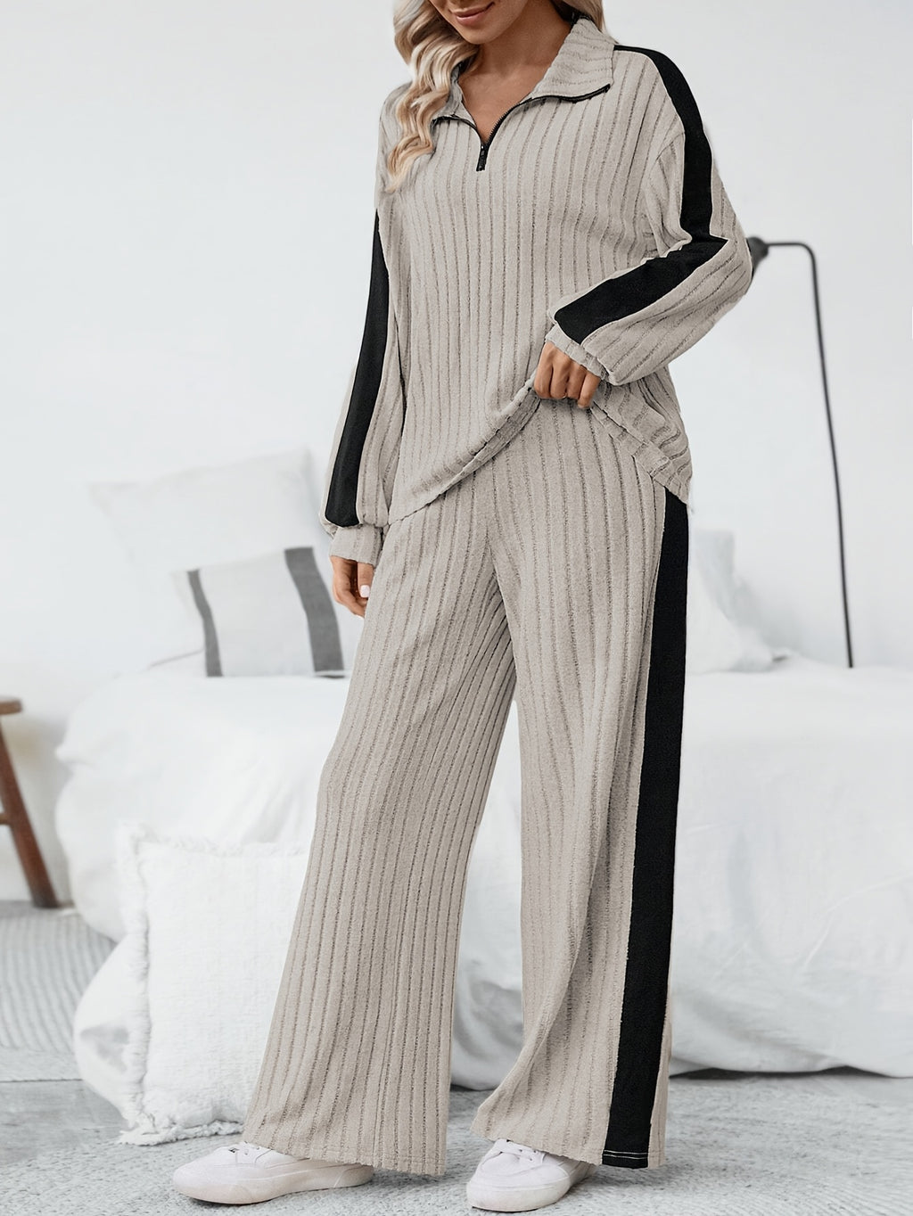 WL Boutique | Striped Collar Top &amp; Color-Block Wide-Leg Pants Set