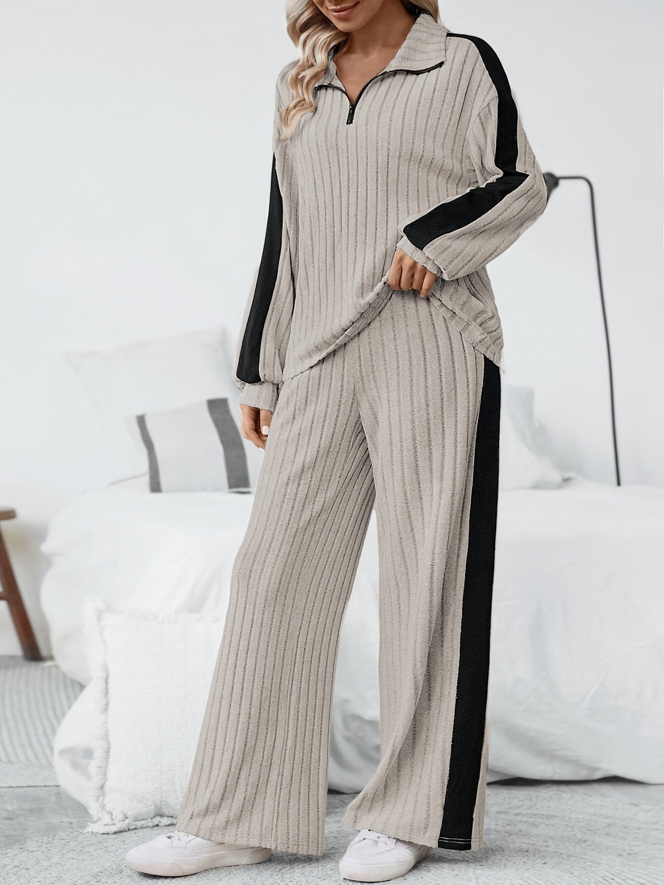 WL Boutique | Striped Collar Top &amp; Color-Block Wide-Leg Pants Set