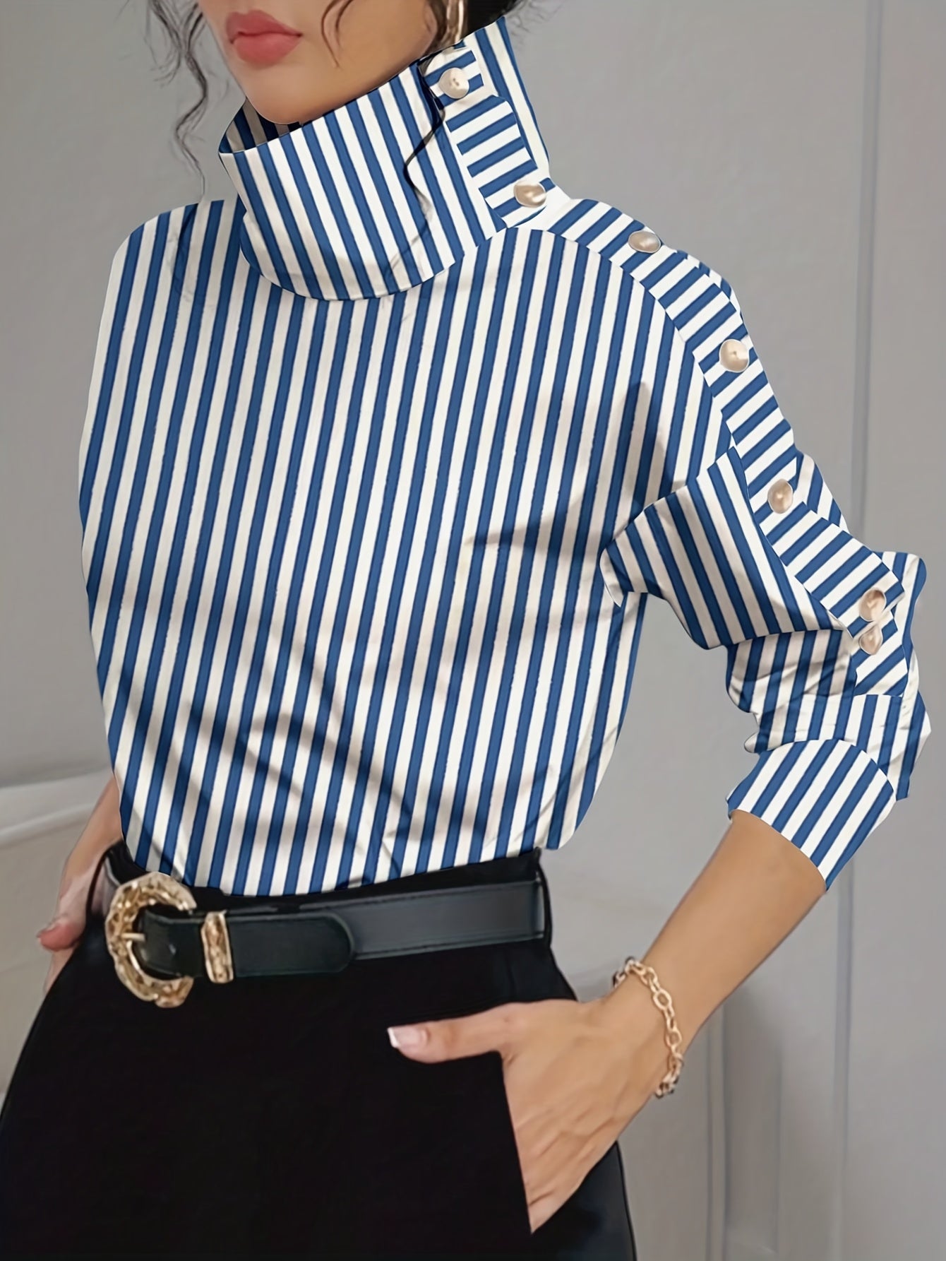 Bruna Aeppli by WL Boutique | Elegant Off-Shoulder High-Neck Blouse with Button Cuffs