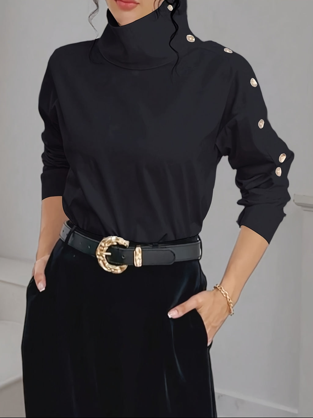 Bruna Aeppli by WL Boutique | Elegant Off-Shoulder High-Neck Blouse with Button Cuffs