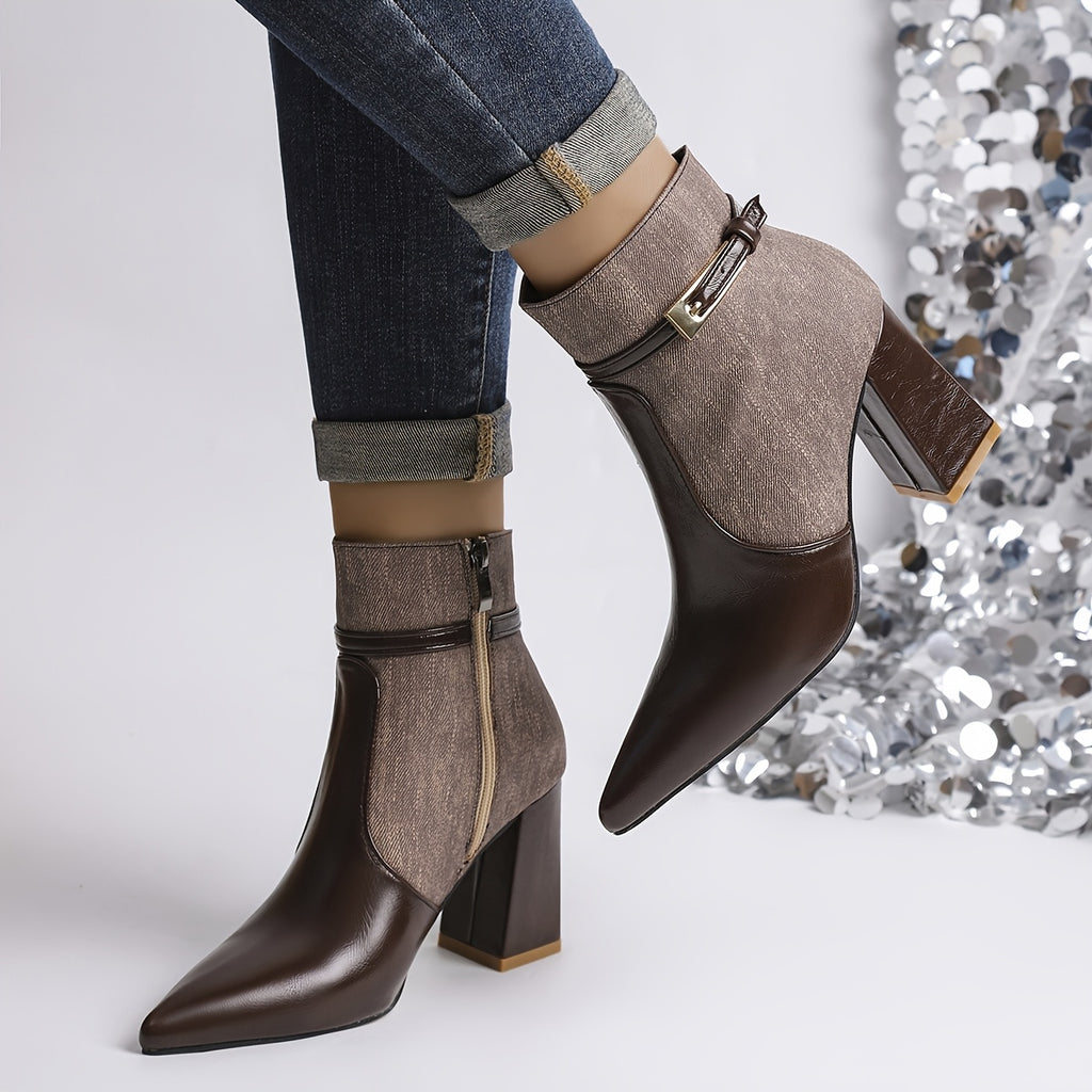 WL Boutique | Retro Chunky Heel Ankle Boots – Elegant Brown Pointed-Toe Design