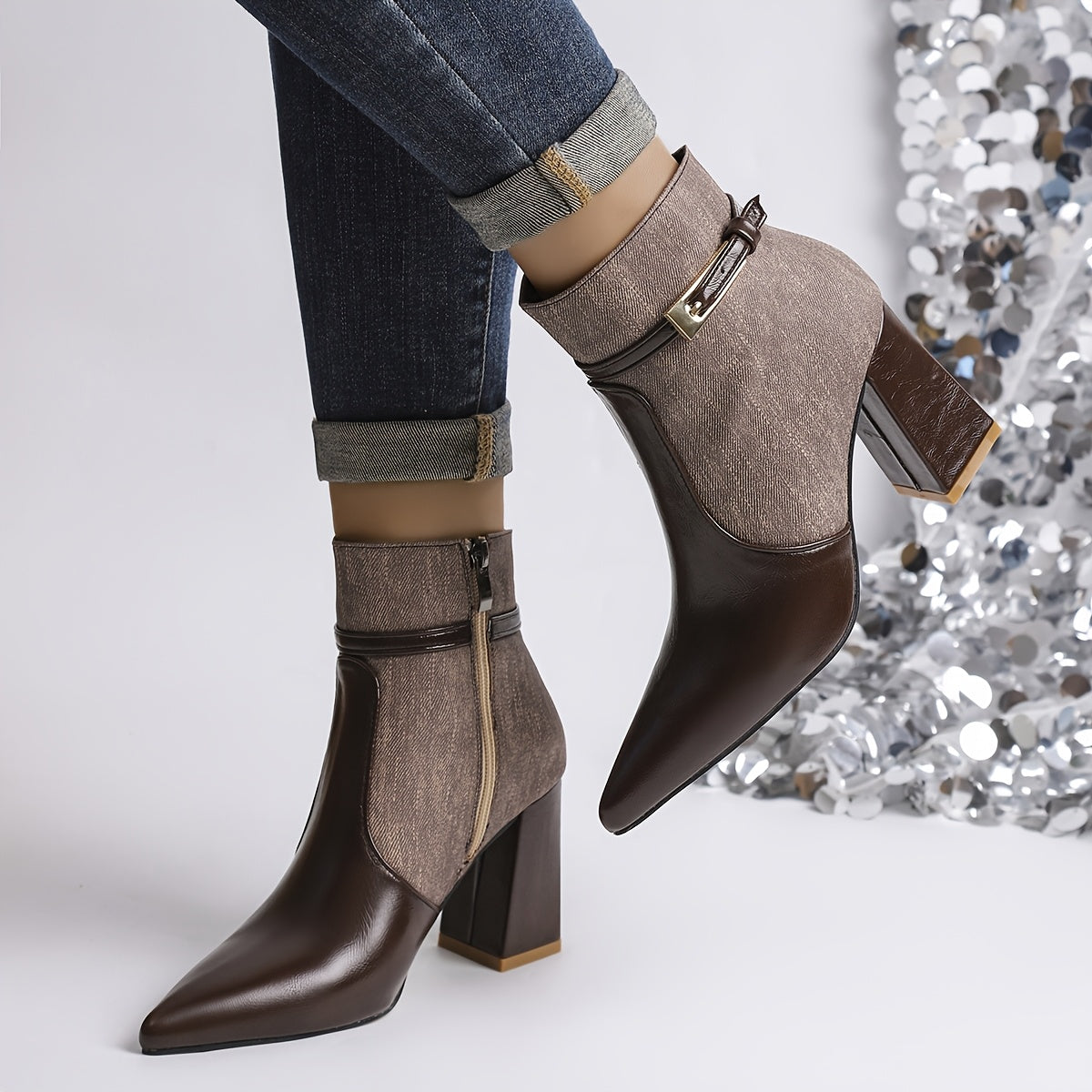 WL Boutique | Retro Chunky Heel Ankle Boots – Elegant Brown Pointed-Toe Design