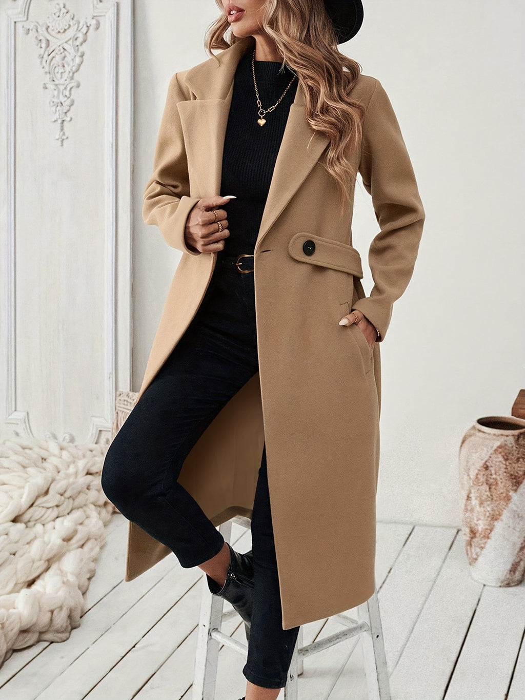 WL Boutique | Elegant Long Black Tweed Coat with Belt