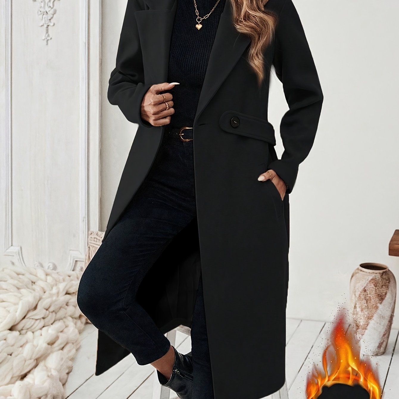 WL Boutique | Elegant Long Black Tweed Coat with Belt