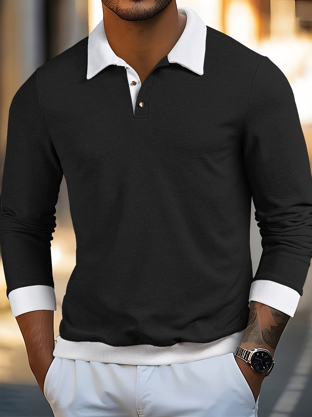 WL Boutique | Men’s Textured Waffle Knit Shirt – Contrast Collar &amp; Cuff Trim