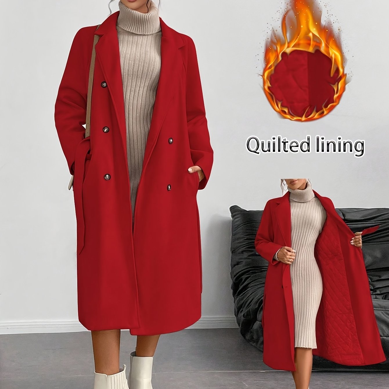 WL Boutique | Elegant Double-Breasted Long Coat with Belt