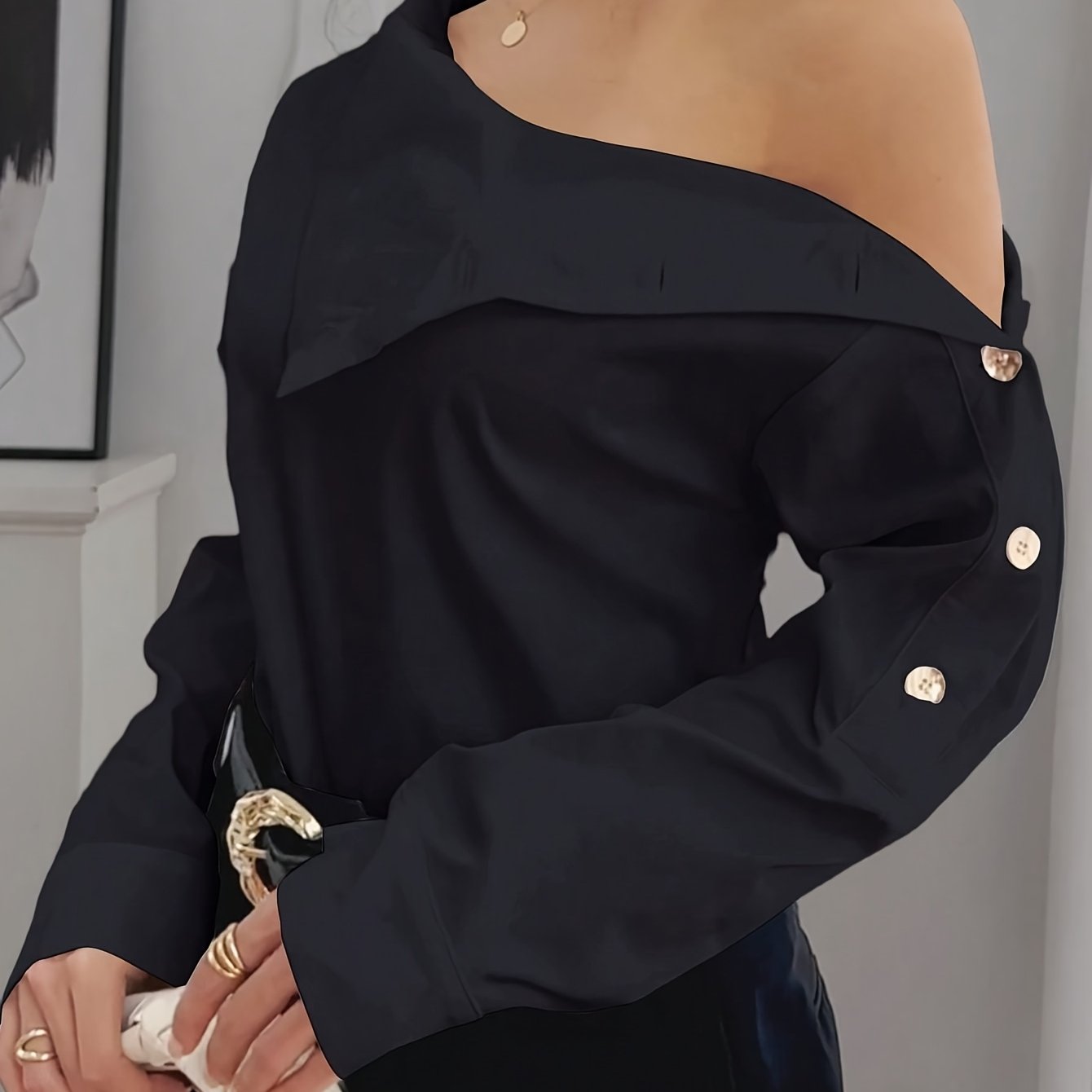 Bruna Aeppli by WL Boutique | Elegant Off-Shoulder High-Neck Blouse with Button Cuffs