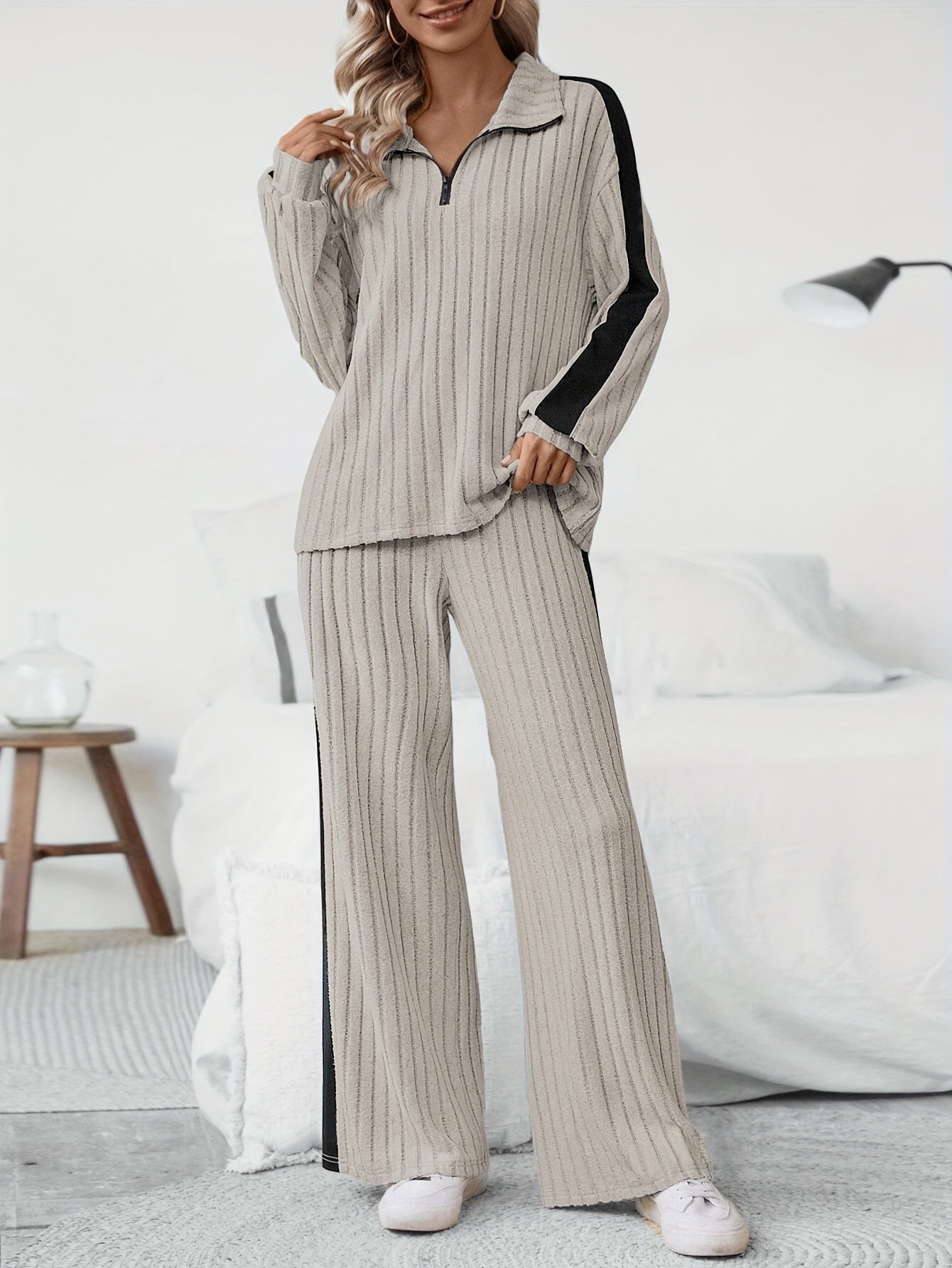 WL Boutique | Striped Collar Top &amp; Color-Block Wide-Leg Pants Set