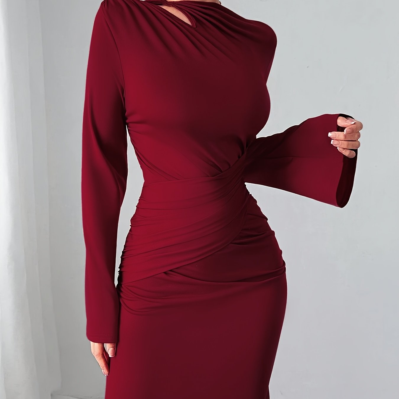 WL Boutique | Elegant Bodycon Dress with Bell Sleeves &amp; Asymmetrical Neckline