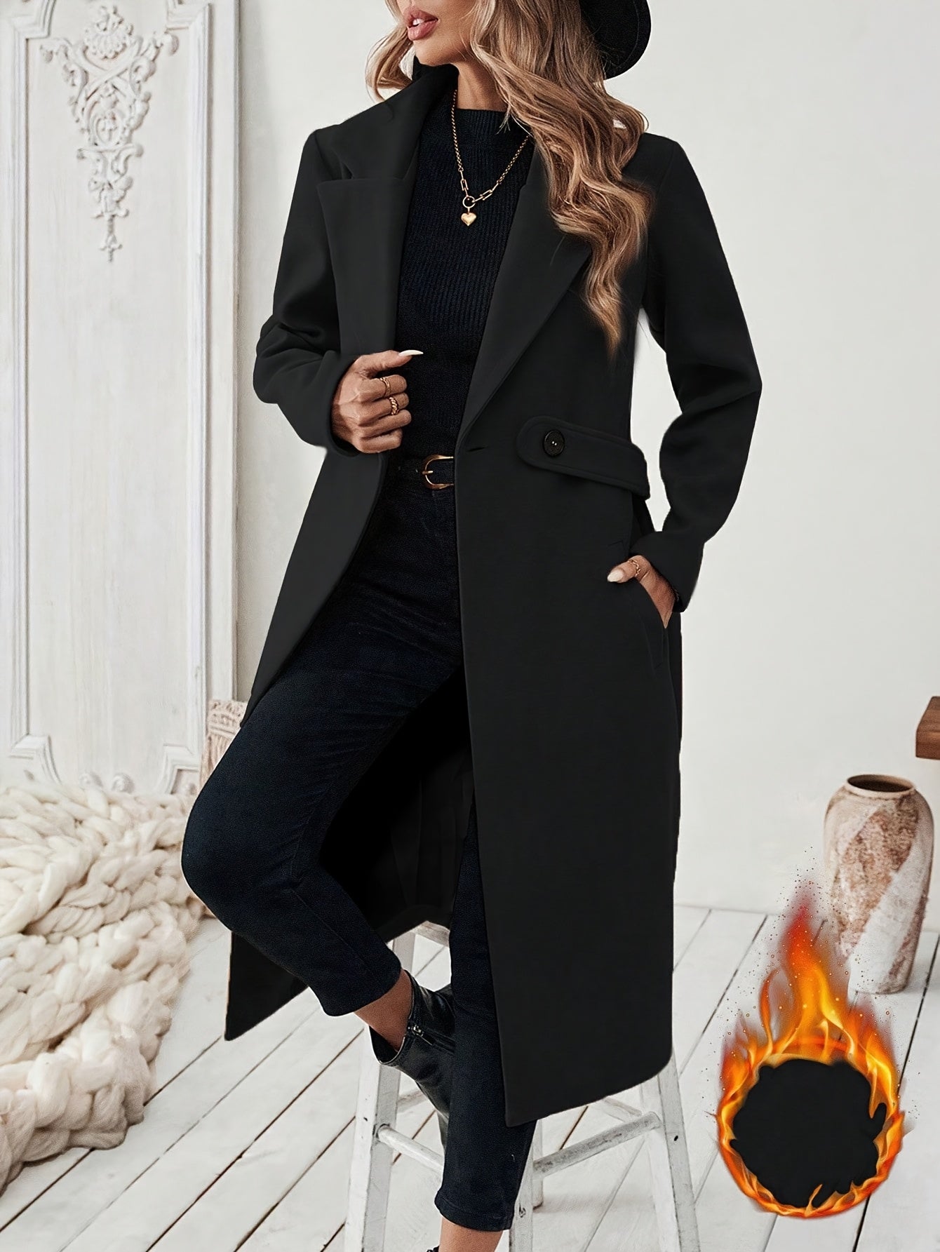WL Boutique | Elegant Long Black Tweed Coat with Belt