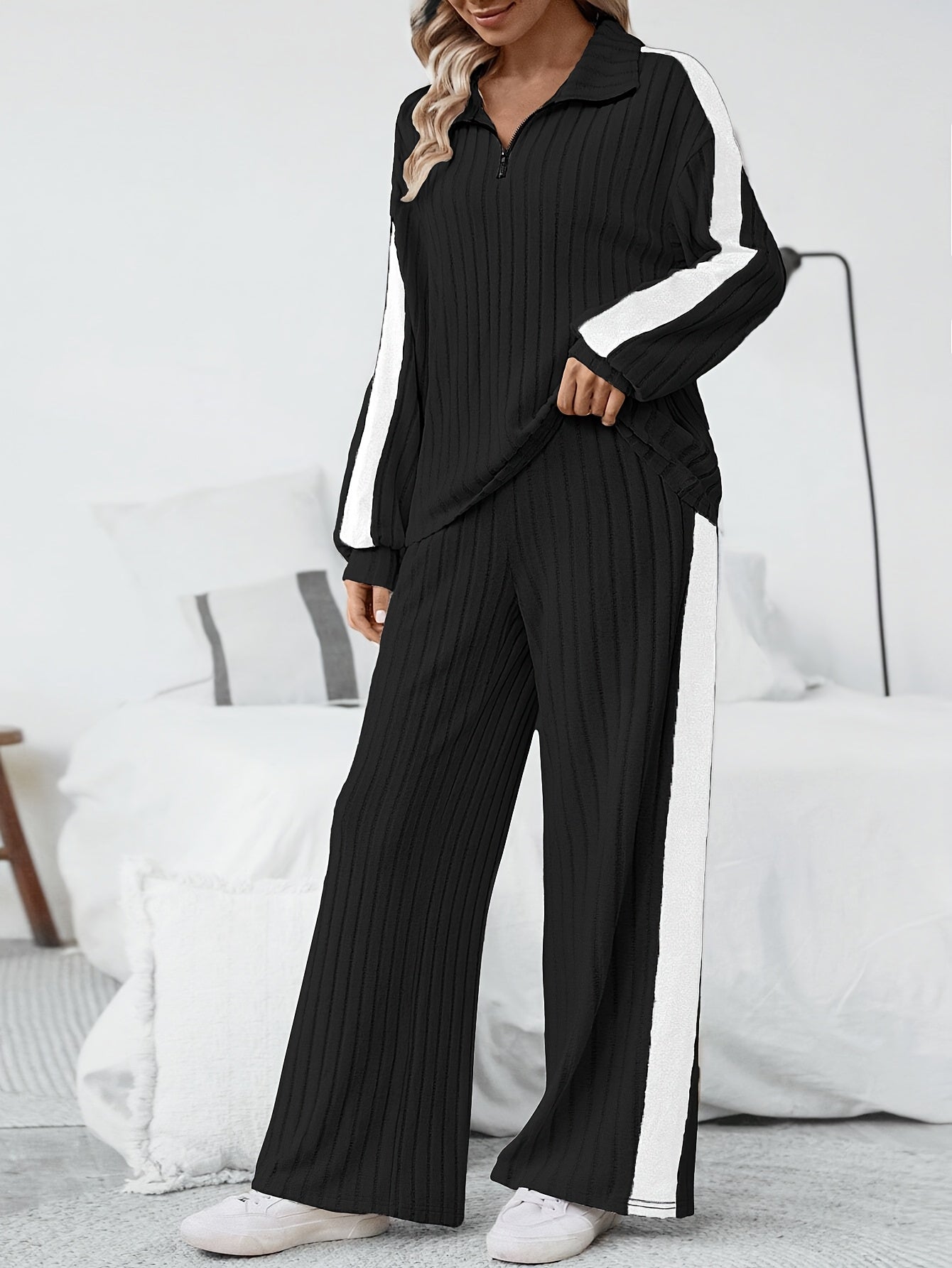 WL Boutique | Striped Collar Top &amp; Color-Block Wide-Leg Pants Set