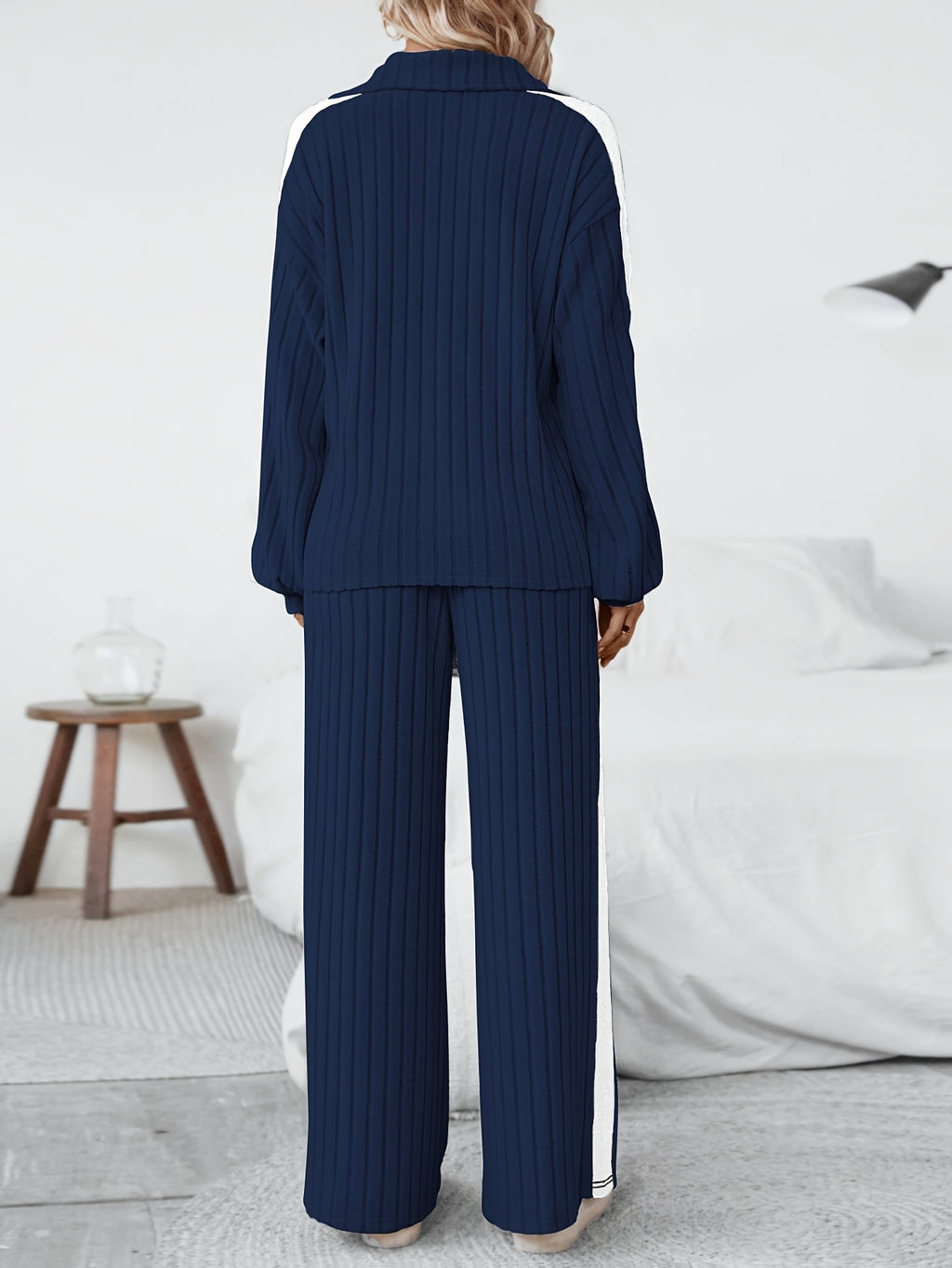 WL Boutique | Striped Collar Top &amp; Color-Block Wide-Leg Pants Set