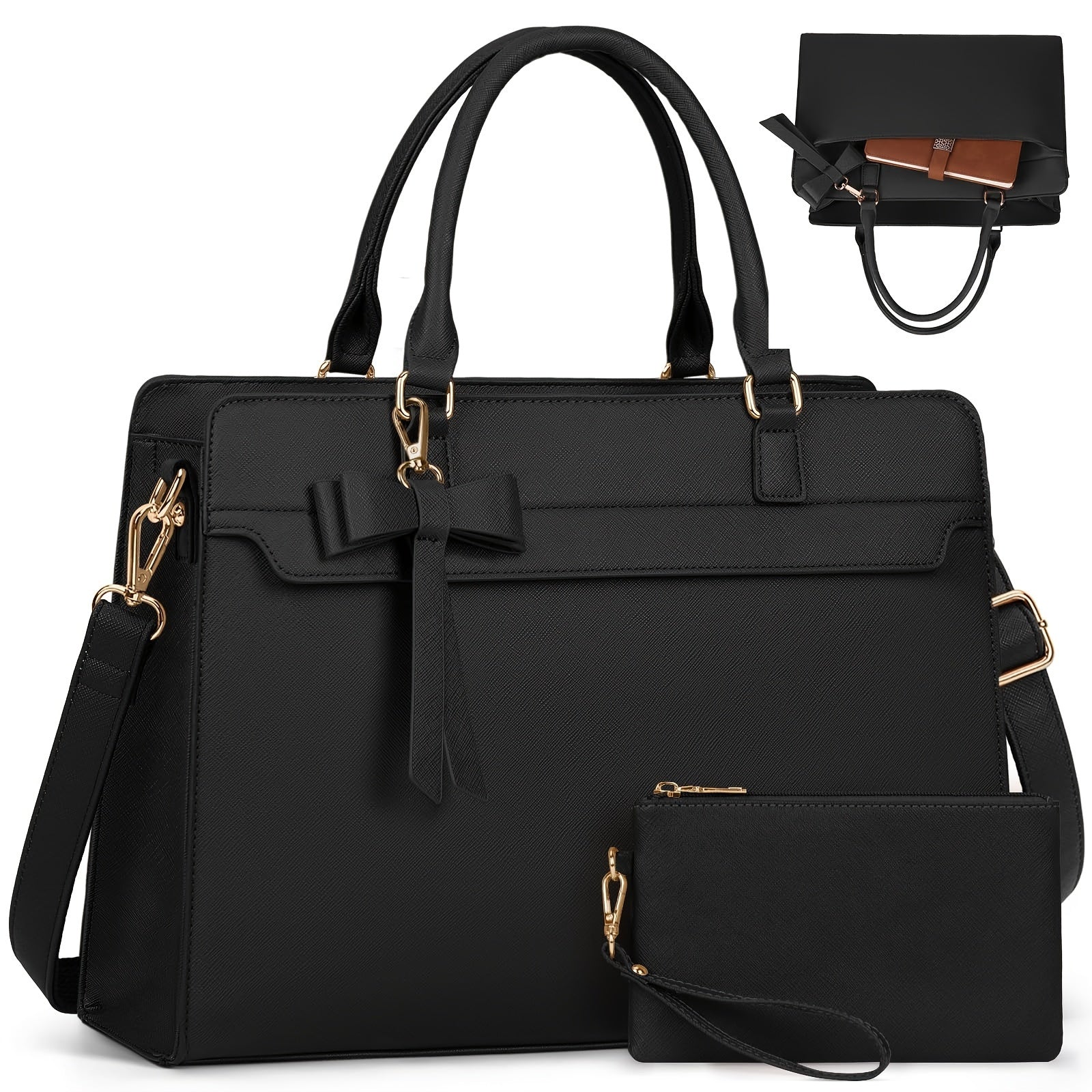 WL Boutique | Elegant Black PU Laptop Tote &amp; Satchel Set