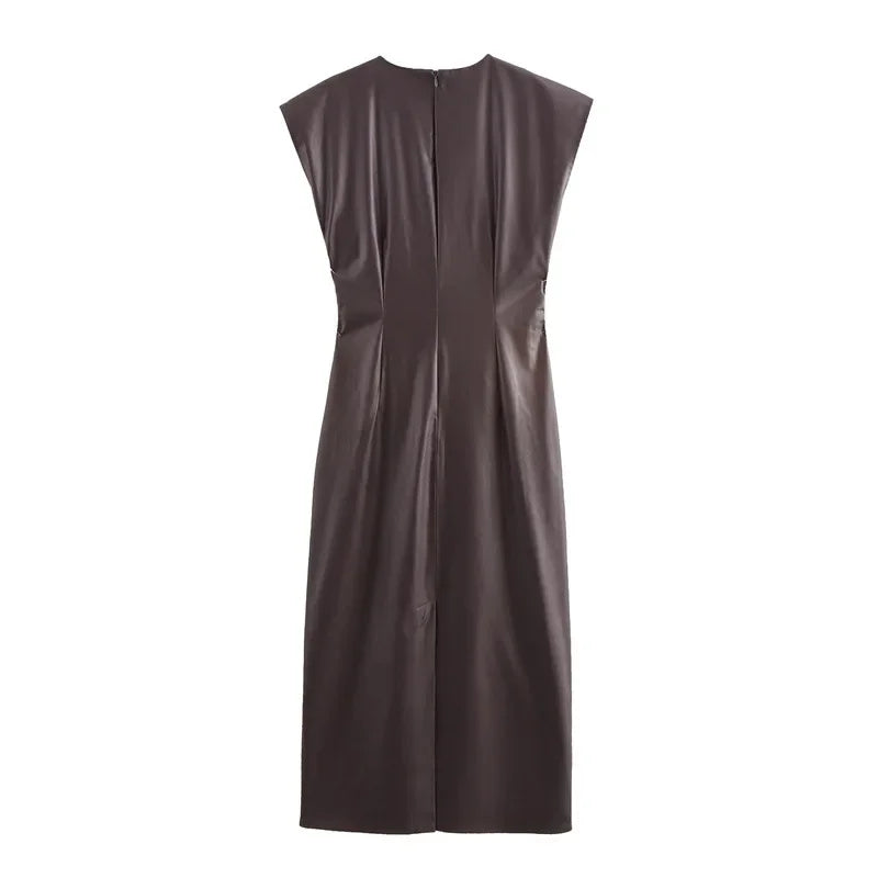 Bruna Aeppli by WL Boutique | Caramel Faux Leather Midi Dress – Modern Elegance, Timeless Allure