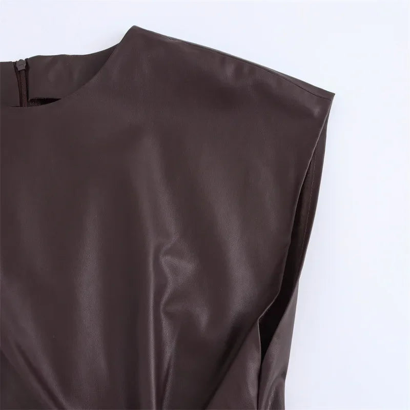 Bruna Aeppli by WL Boutique | Caramel Faux Leather Midi Dress – Modern Elegance, Timeless Allure