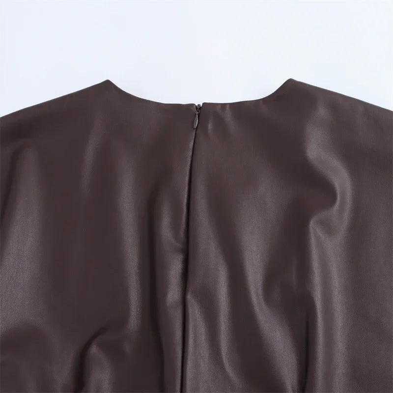 Bruna Aeppli by WL Boutique | Caramel Faux Leather Midi Dress – Modern Elegance, Timeless Allure