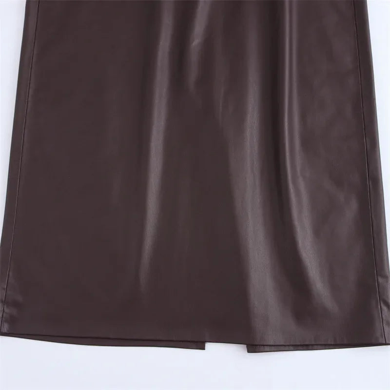 Bruna Aeppli by WL Boutique | Caramel Faux Leather Midi Dress – Modern Elegance, Timeless Allure