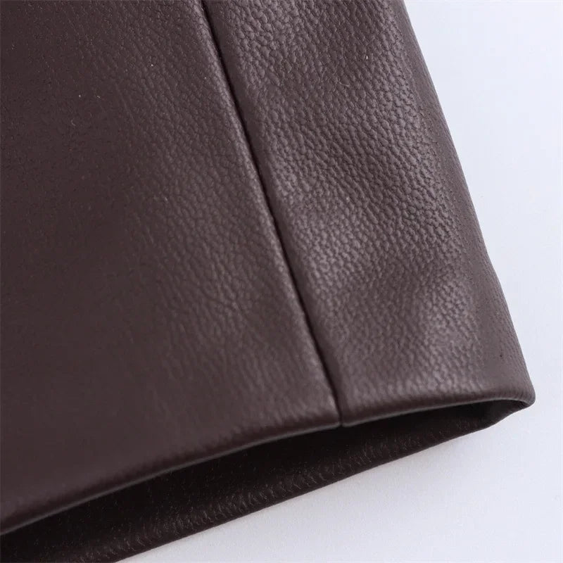 Bruna Aeppli by WL Boutique | Caramel Faux Leather Midi Dress – Modern Elegance, Timeless Allure