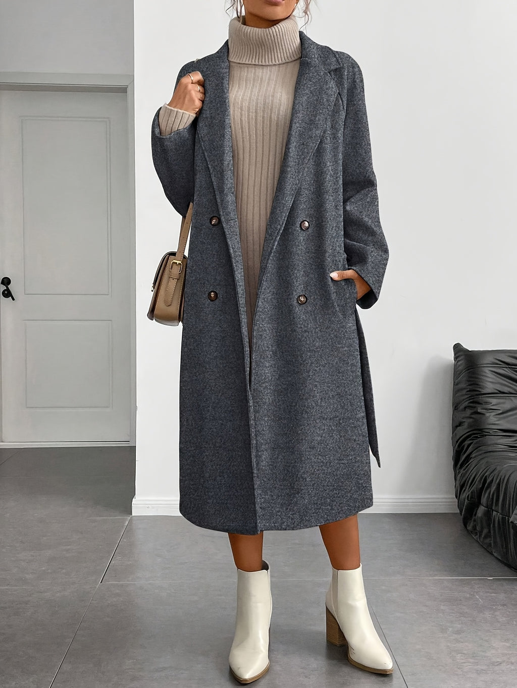 WL Boutique | Elegant Double-Breasted Long Coat with Belt