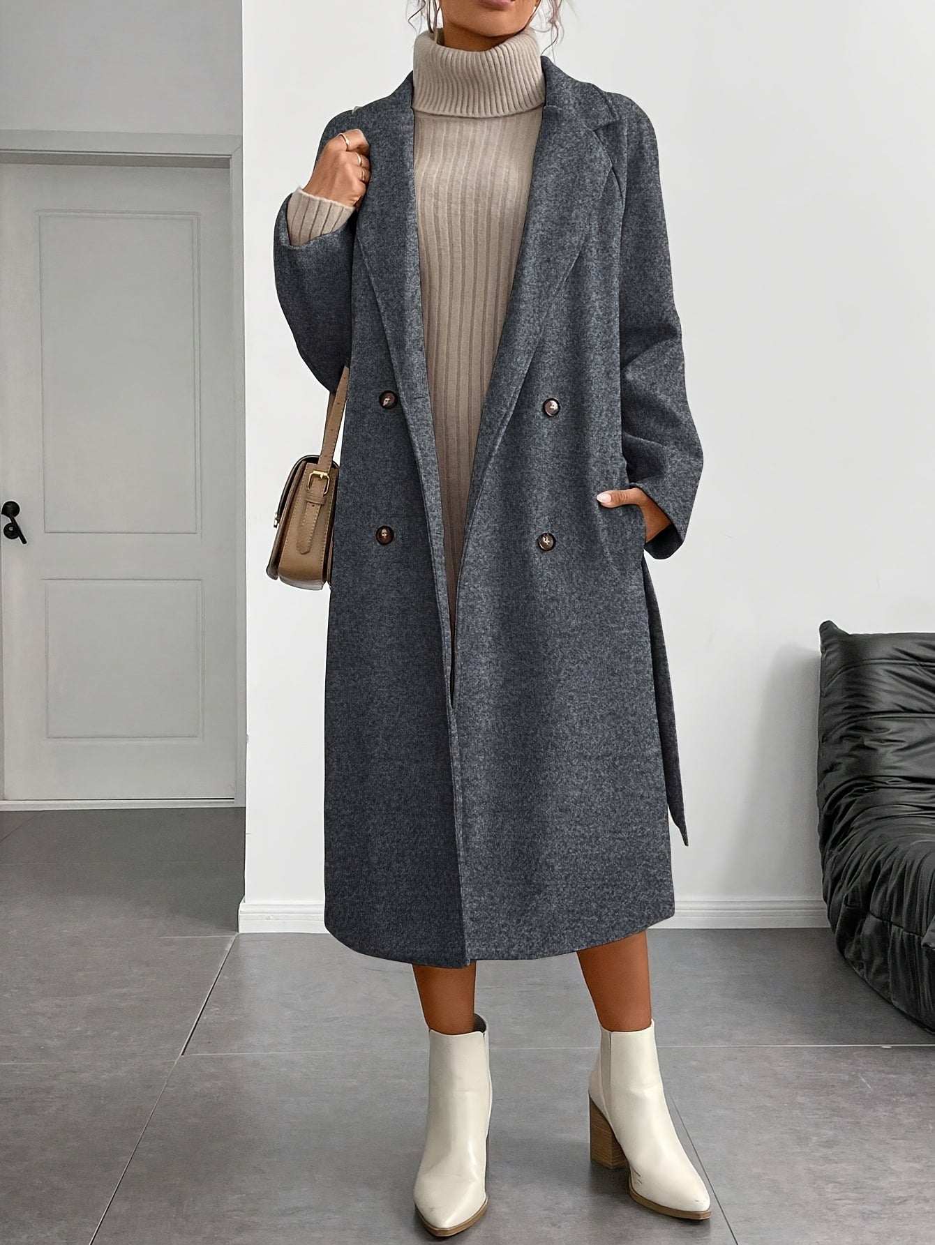 WL Boutique | Elegant Double-Breasted Long Coat with Belt