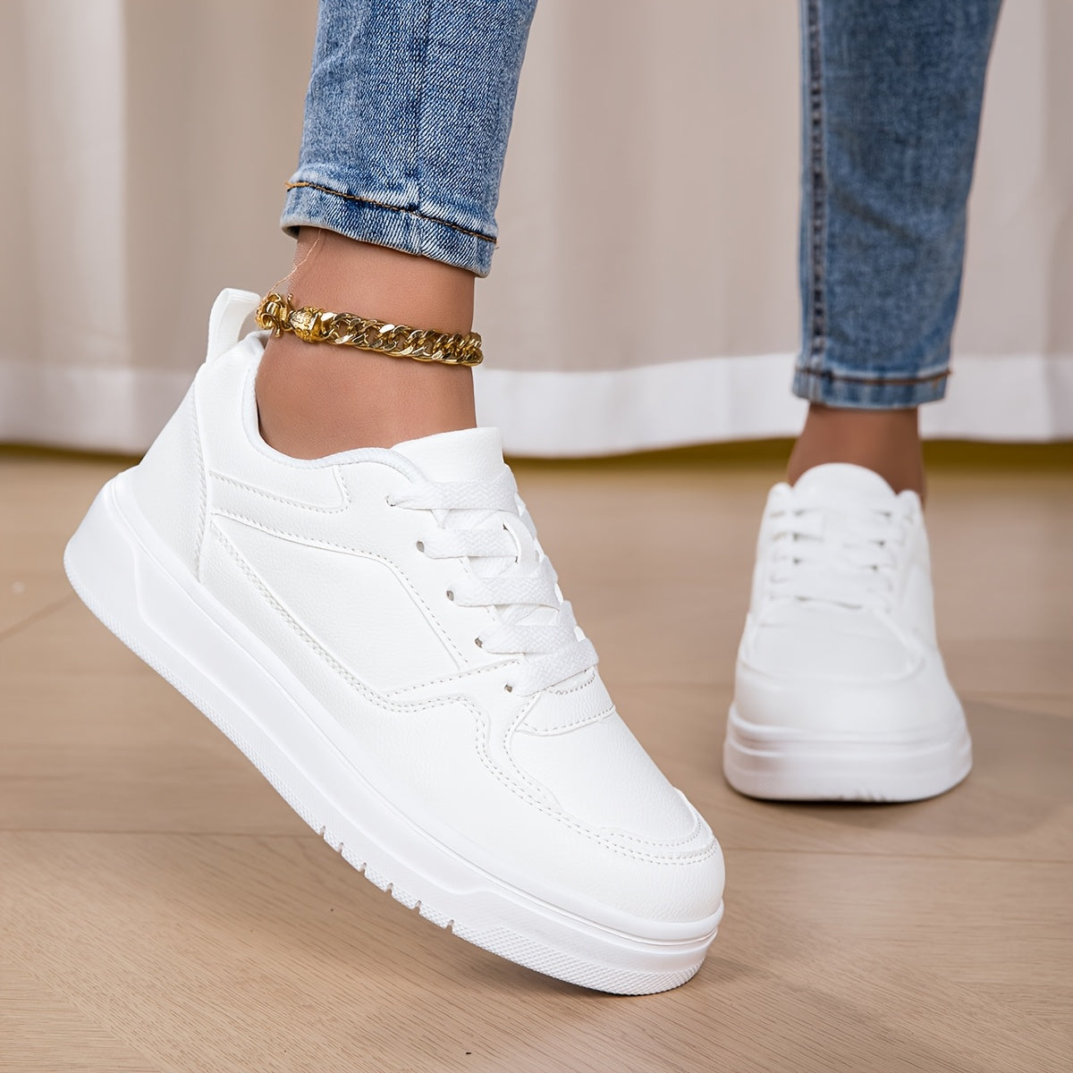 WL Boutique | White Platform Sneakers with Golden Ankle Strap