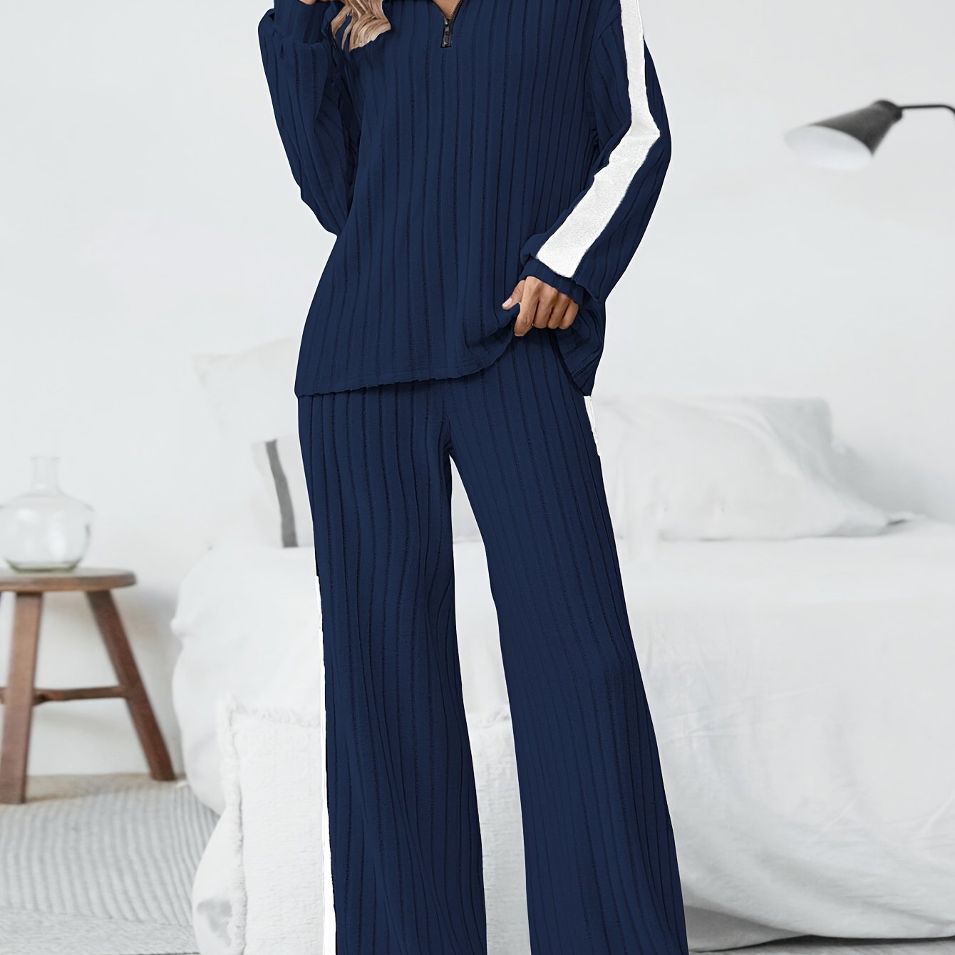 WL Boutique | Striped Collar Top &amp; Color-Block Wide-Leg Pants Set