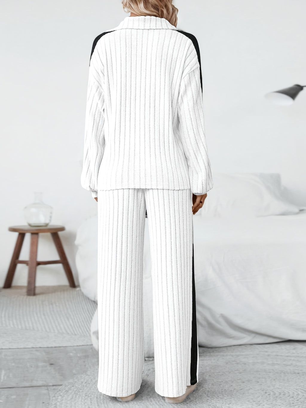 WL Boutique | Striped Collar Top &amp; Color-Block Wide-Leg Pants Set