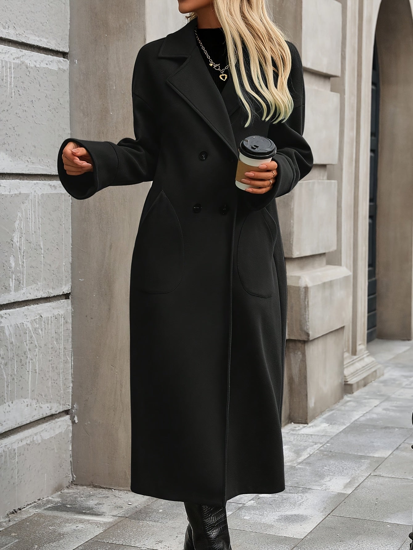 WL Boutique | Long Double-Breasted Coat with Asymmetrical Hem