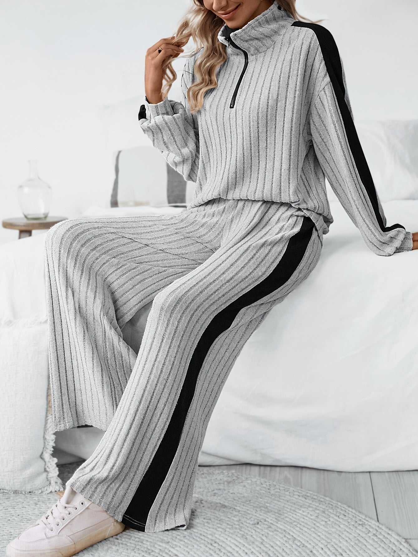 WL Boutique | Striped Collar Top &amp; Color-Block Wide-Leg Pants Set