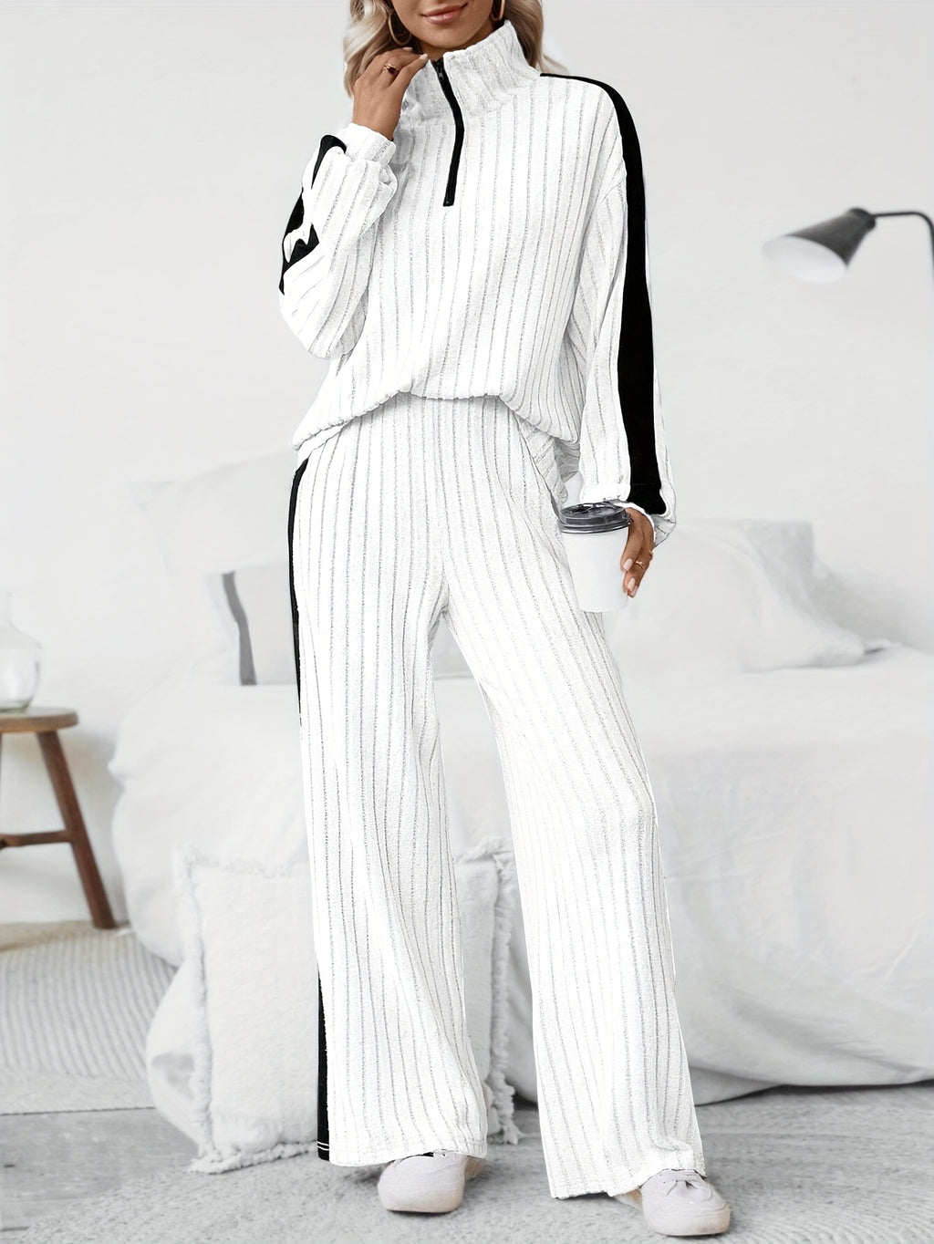 WL Boutique | Striped Collar Top &amp; Color-Block Wide-Leg Pants Set