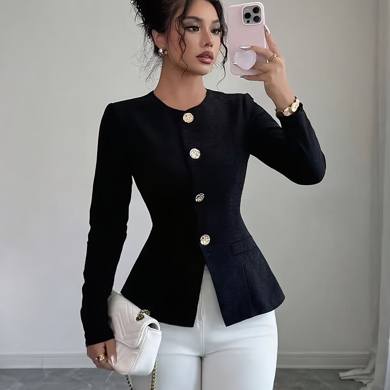 WL Boutique | Elegant Slim-Fit Black Blazer with Golden Buttons