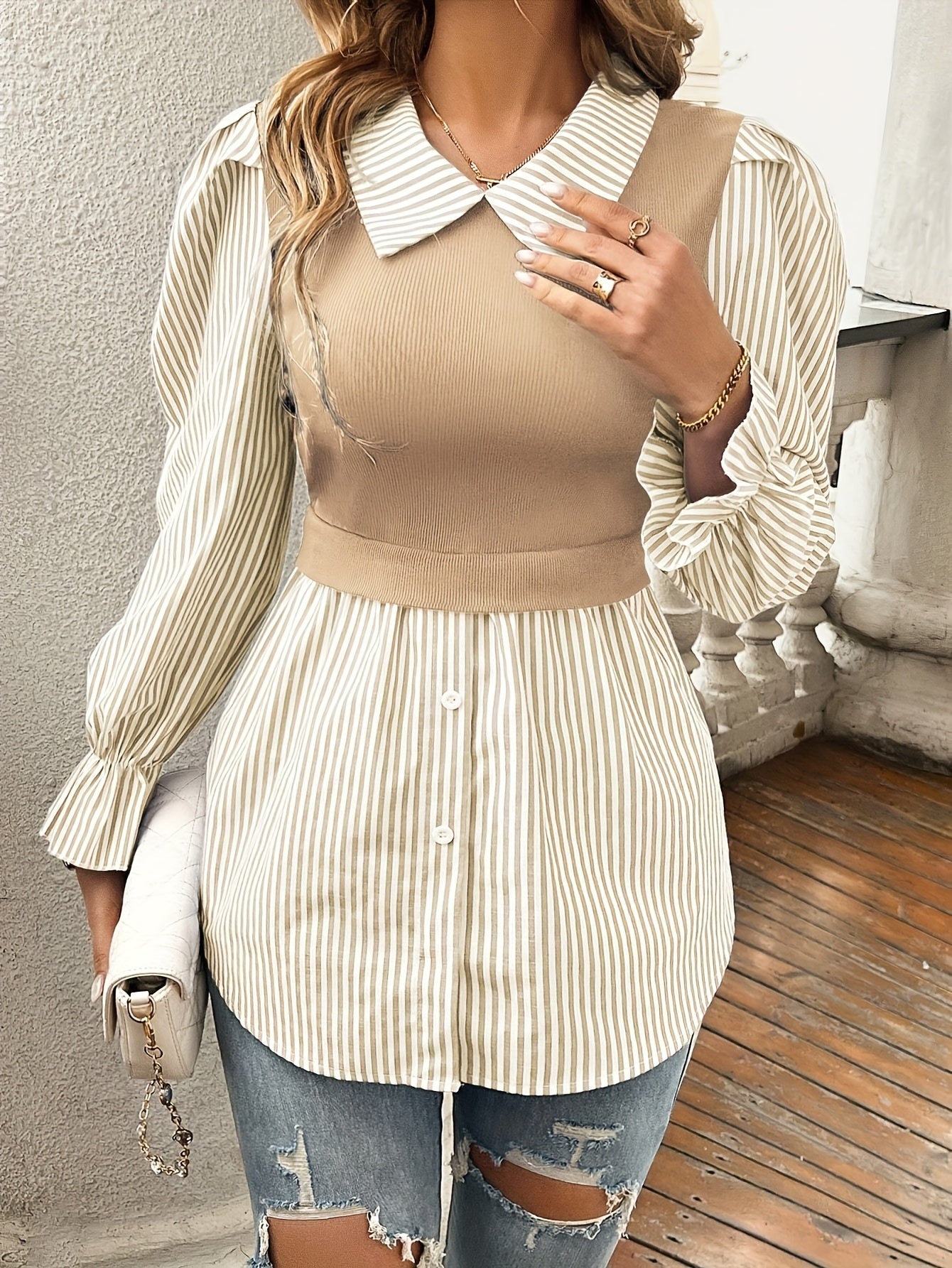 Classic Beige Button-Up Blouse for Autumn Elegance