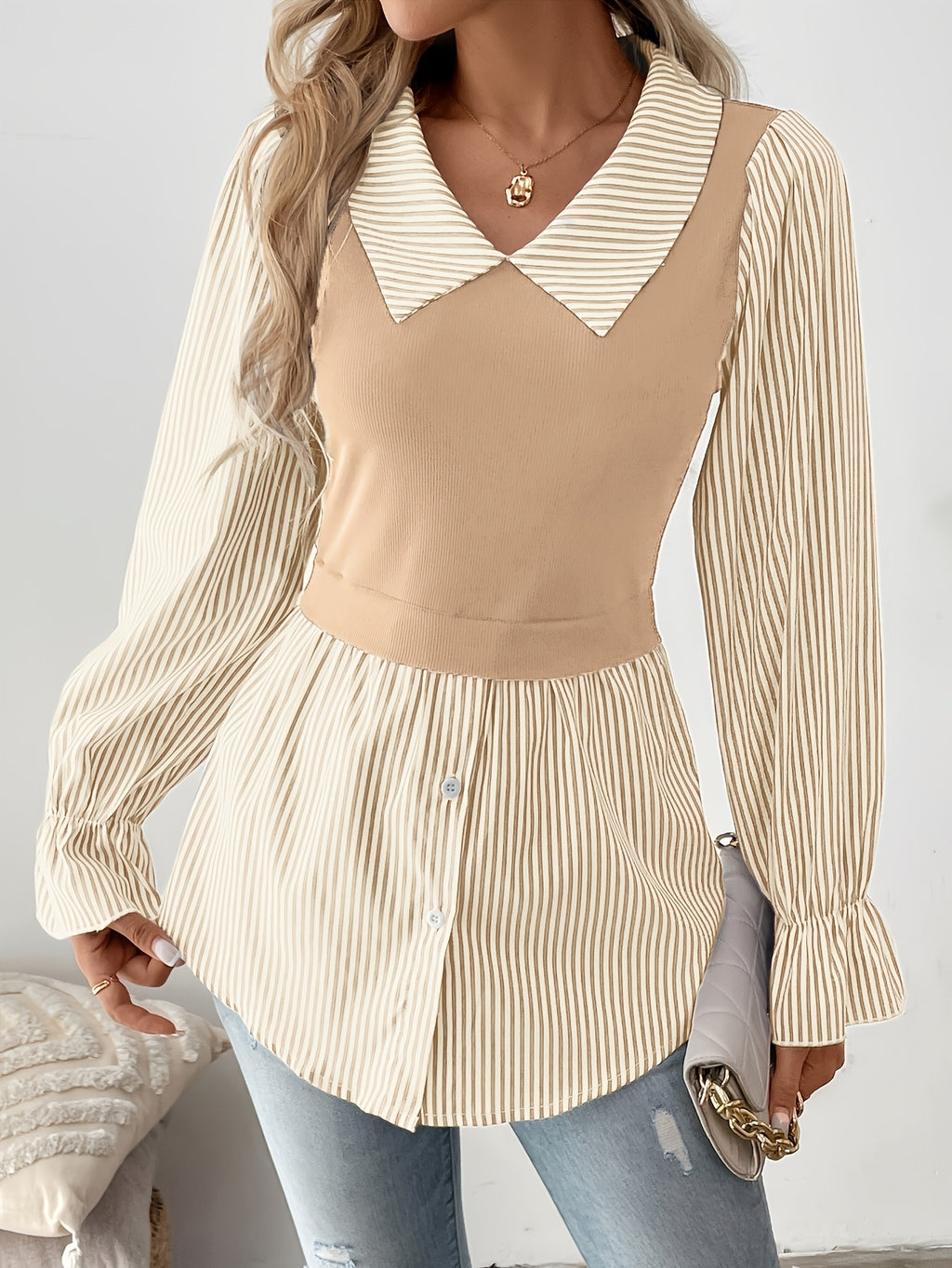 Classic Beige Button-Up Blouse for Autumn Elegance