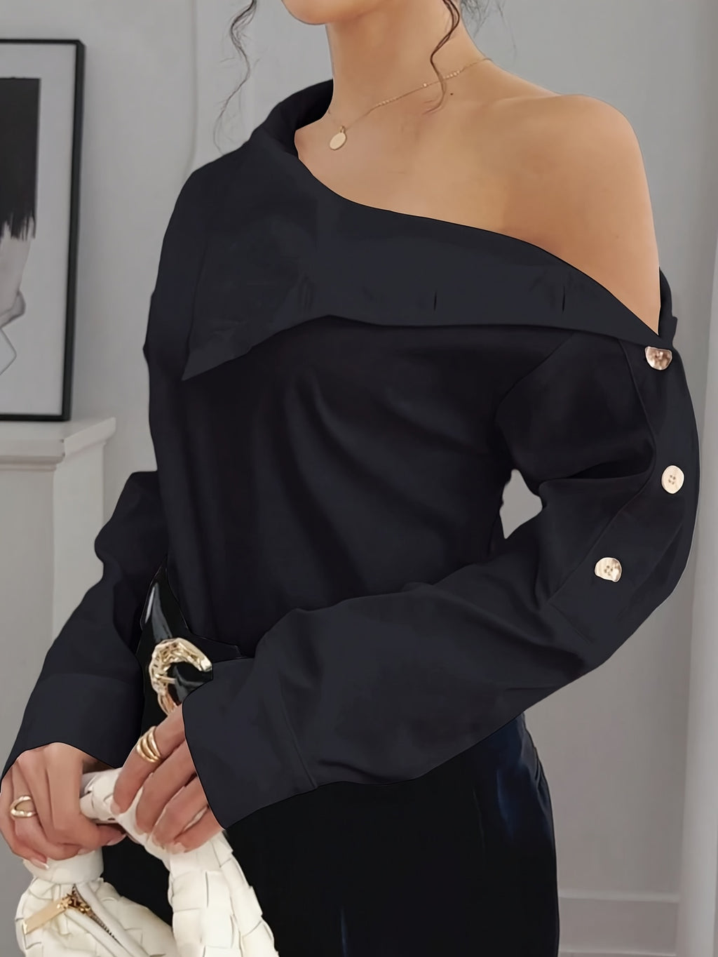 Bruna Aeppli by WL Boutique | Elegant Off-Shoulder High-Neck Blouse with Button Cuffs