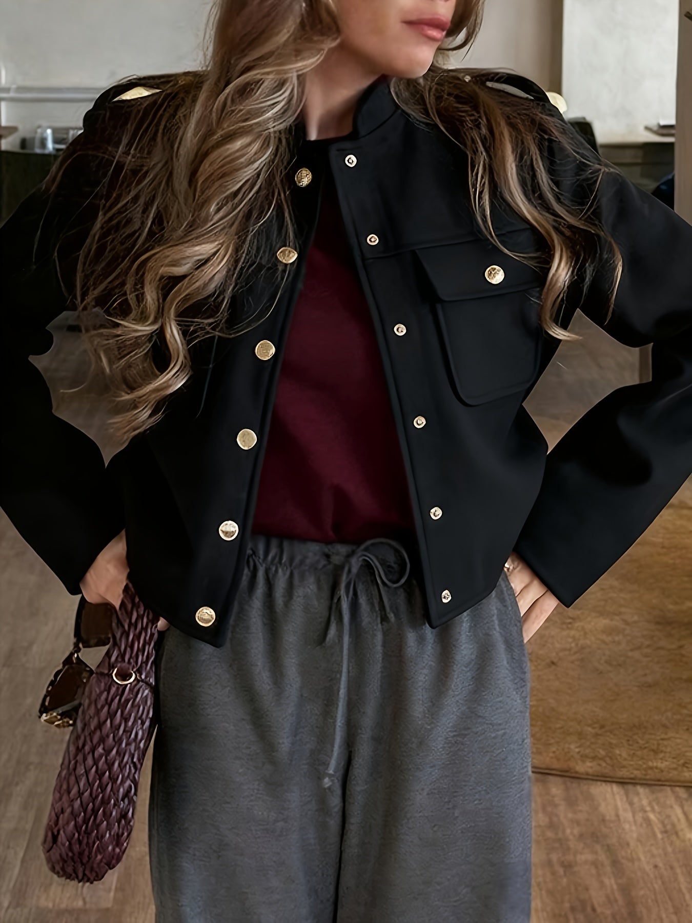 WL Boutique | Elegant Burgundy Tailored Jacket with Two-Tone Buttons