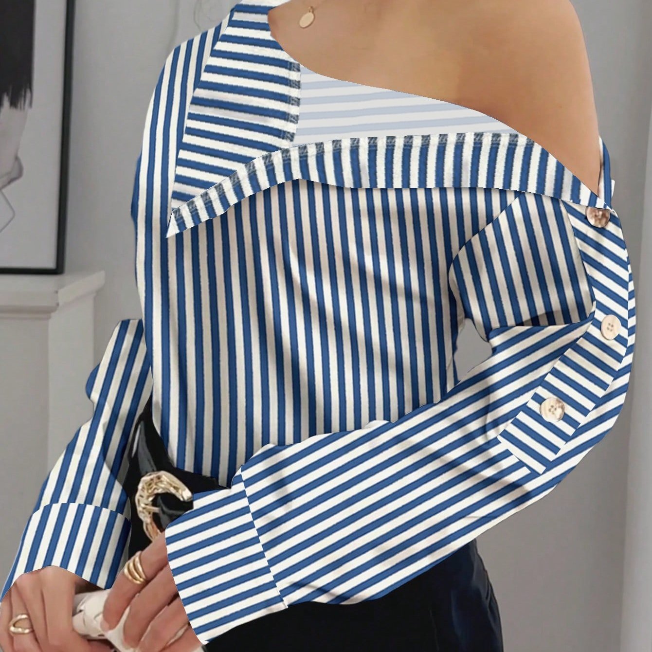 Bruna Aeppli by WL Boutique | Elegant Off-Shoulder High-Neck Blouse with Button Cuffs