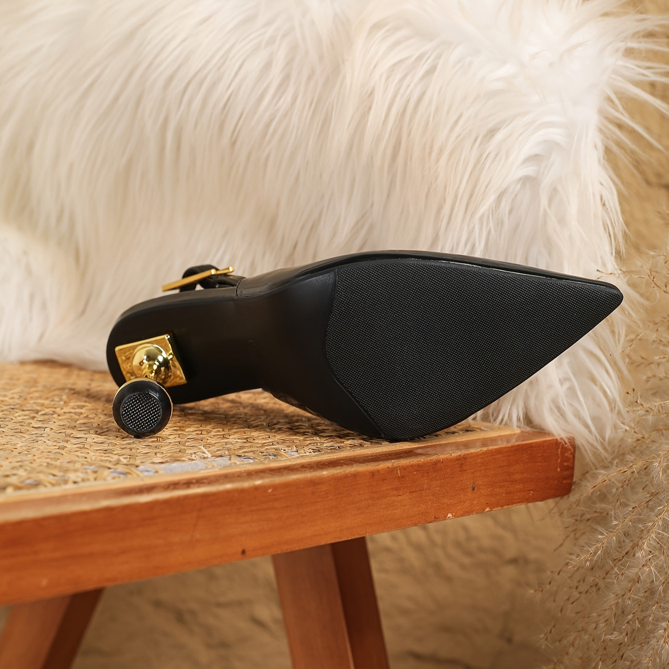 WL Boutique | Elegant Black Pointed-Toe High Heel Sandals with Golden Accents