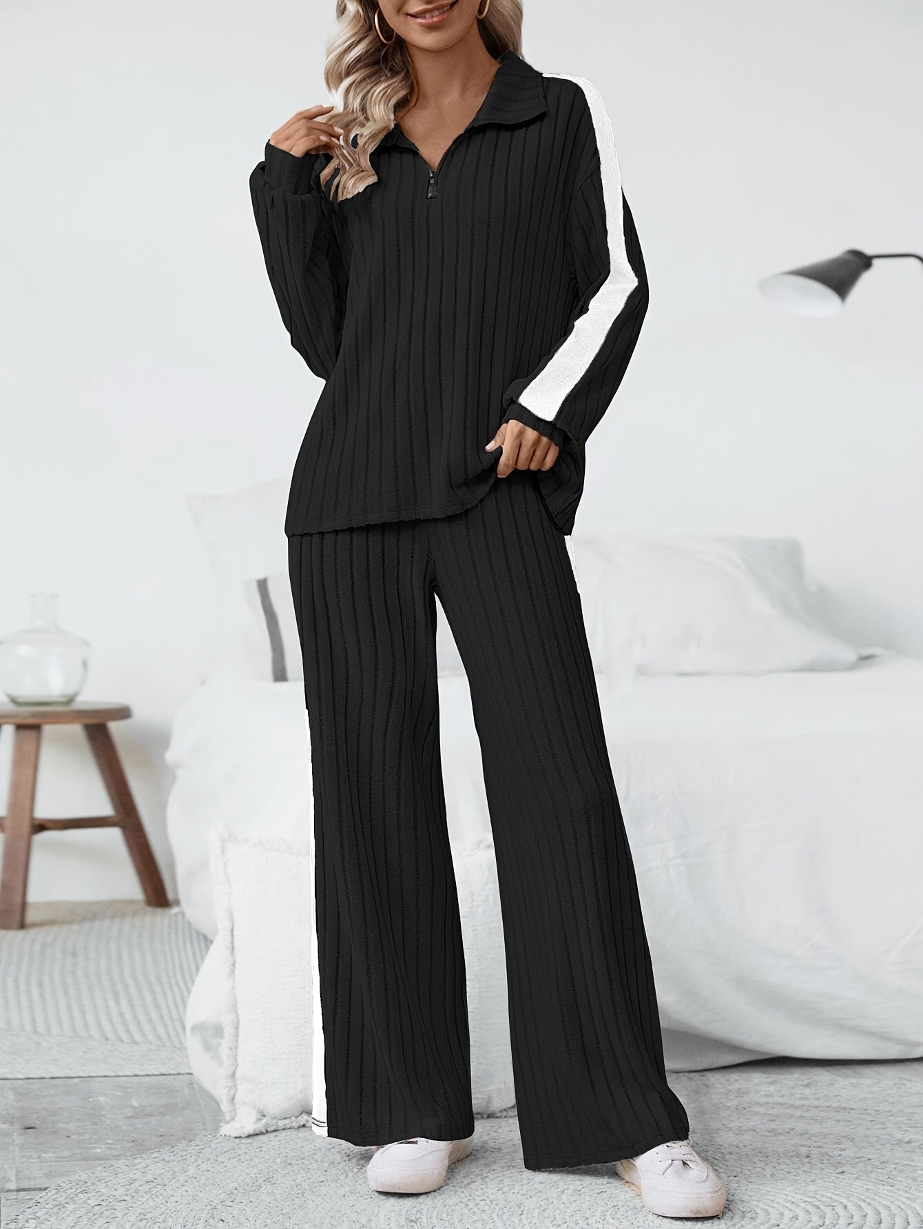 WL Boutique | Striped Collar Top &amp; Color-Block Wide-Leg Pants Set