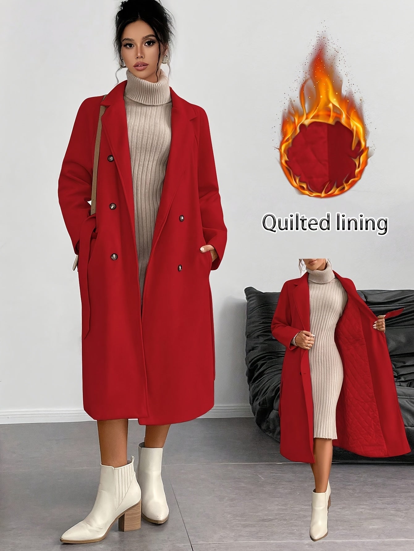 WL Boutique | Elegant Double-Breasted Long Coat with Belt